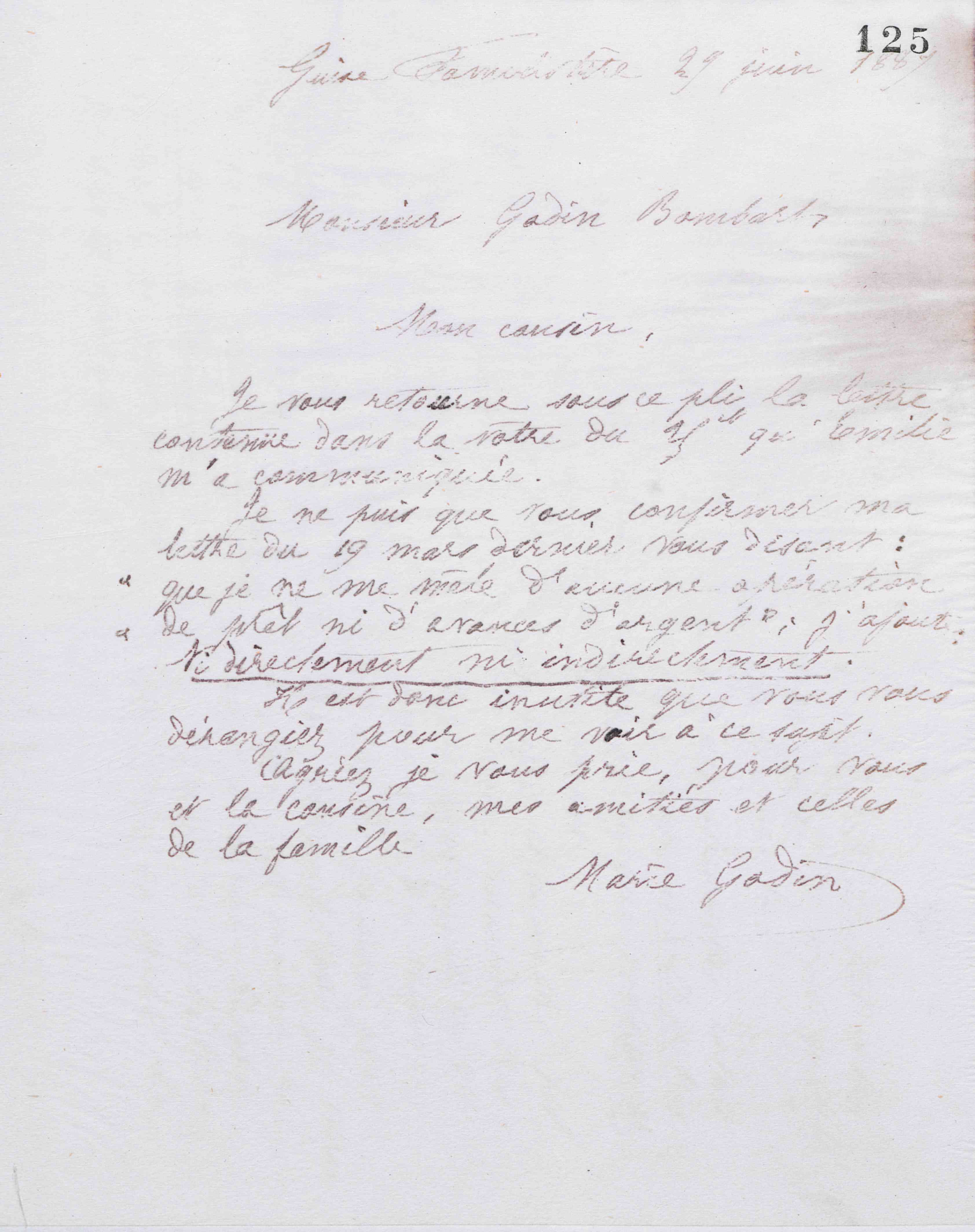 Marie Moret à Léon Adolphe Godin-Bombart, 29 juin 1887