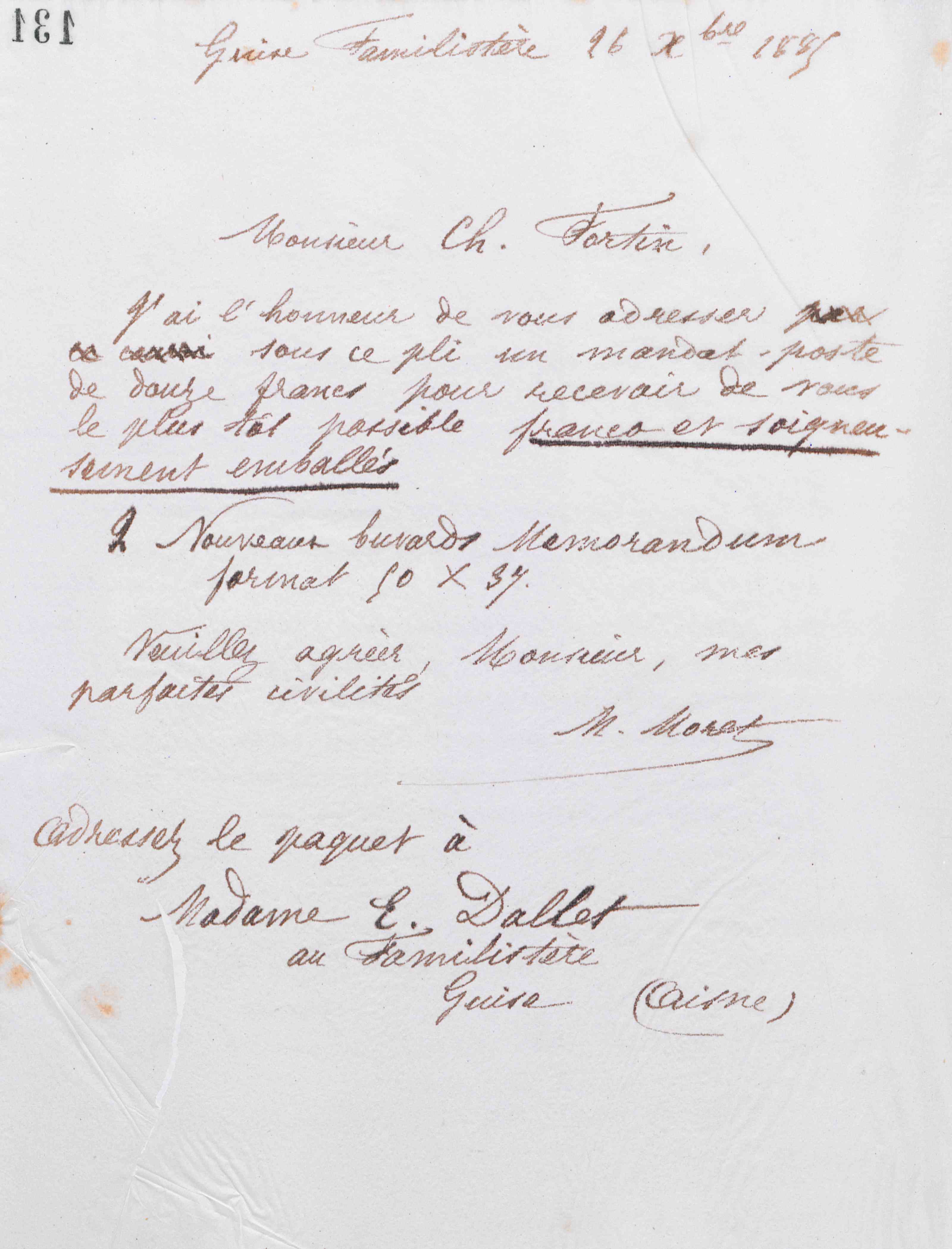 Marie Moret à Fortin et Cie, 26 décembre 1885 Marie Moret à Fortin et Cie, 26 décembre 1885