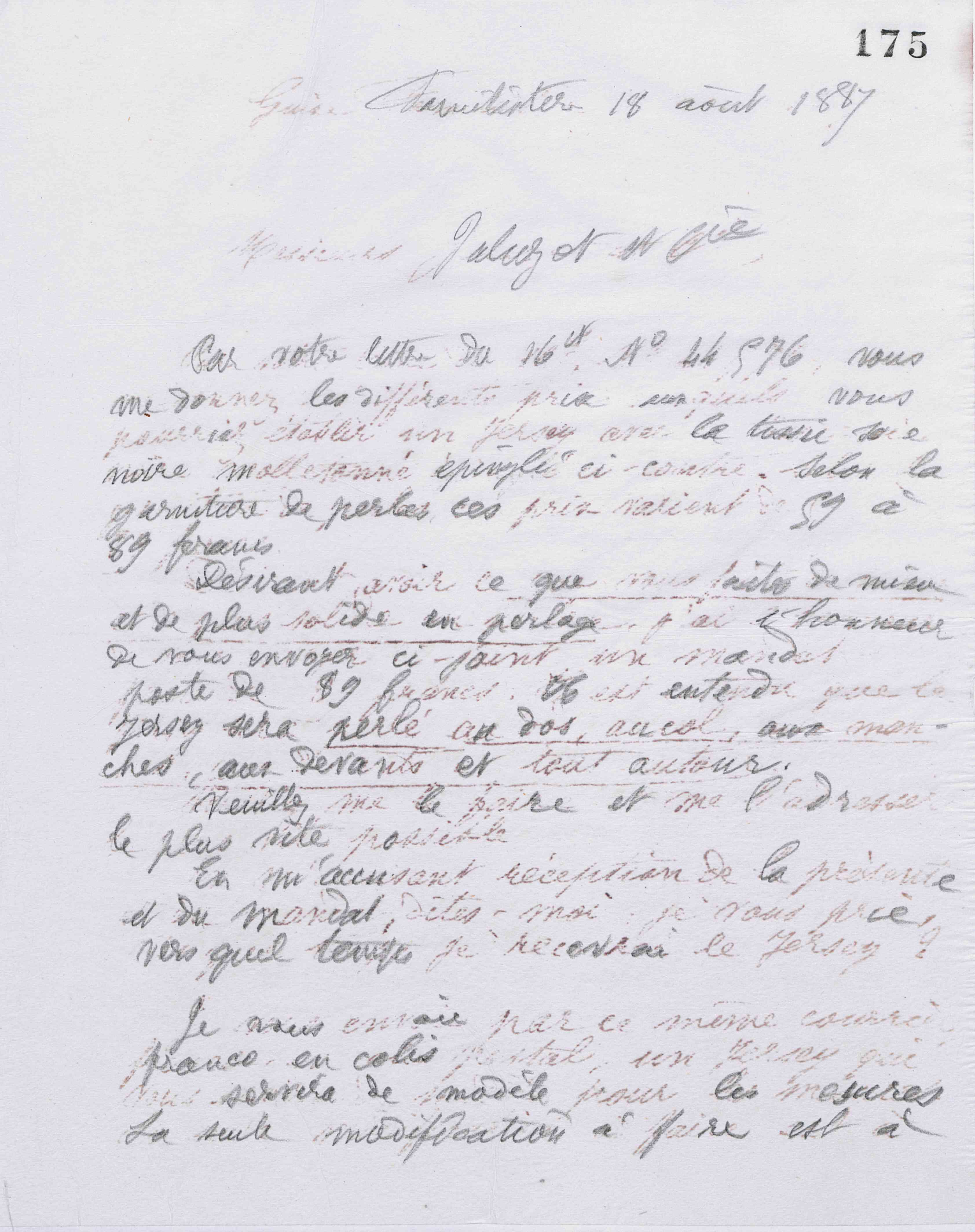 Marie Moret à Jaluzot et Cie, 18 août 1887