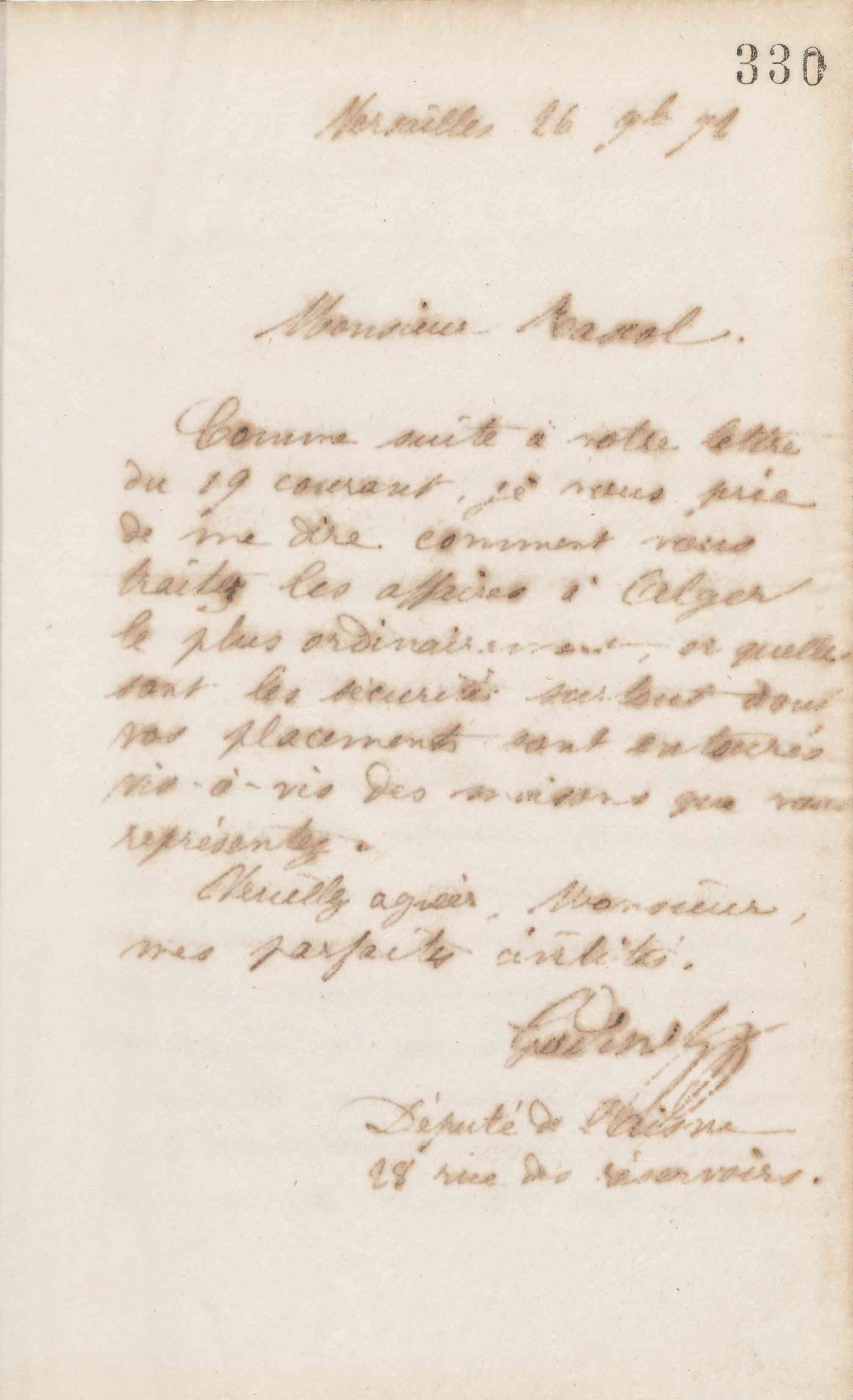 Jean-Baptiste André Godin à monsieur Rascol, 26 novembre 1872