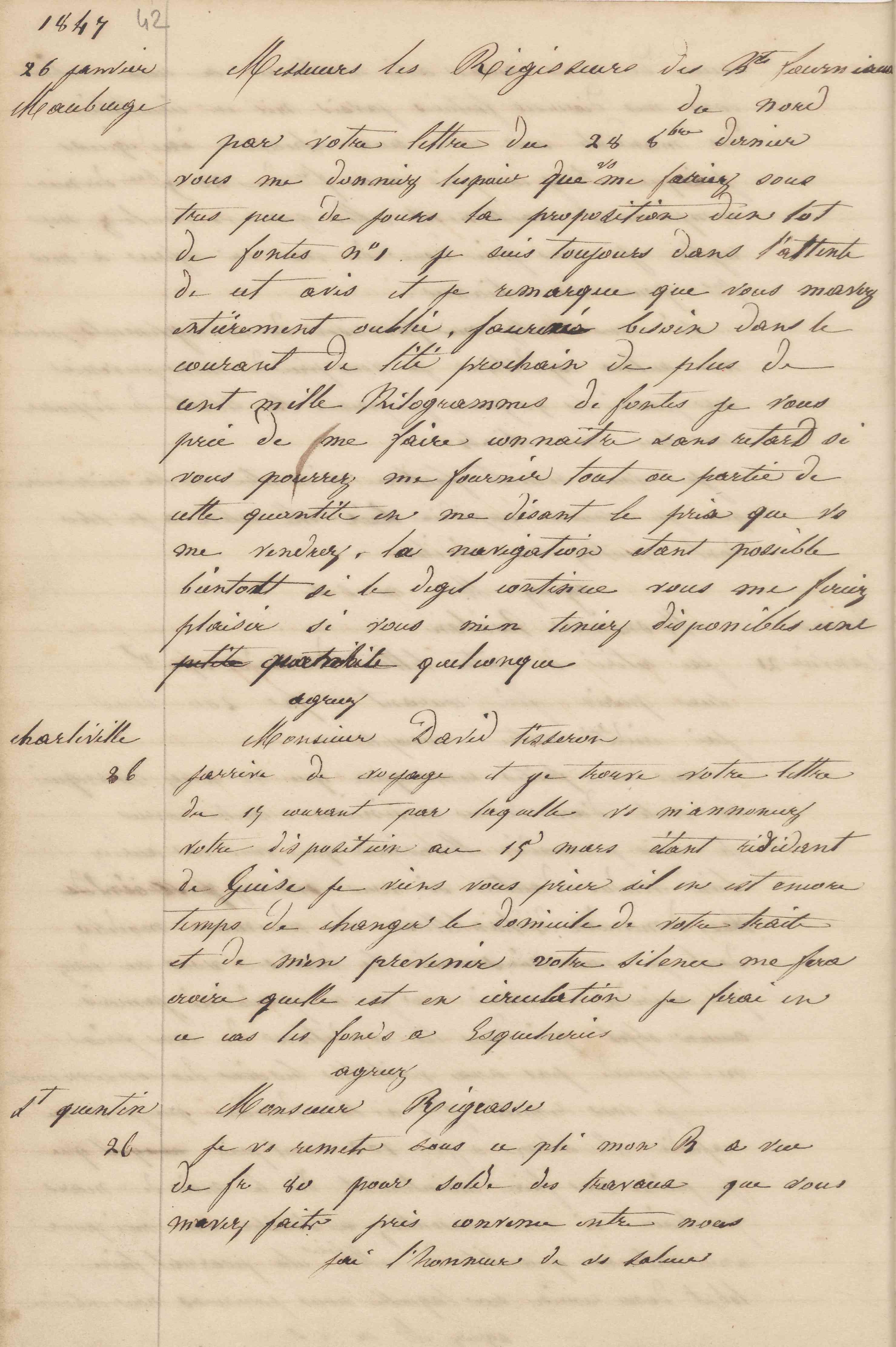 Jean-Baptiste André Godin à monsieur David-Tisseron, 26 janvier 1847