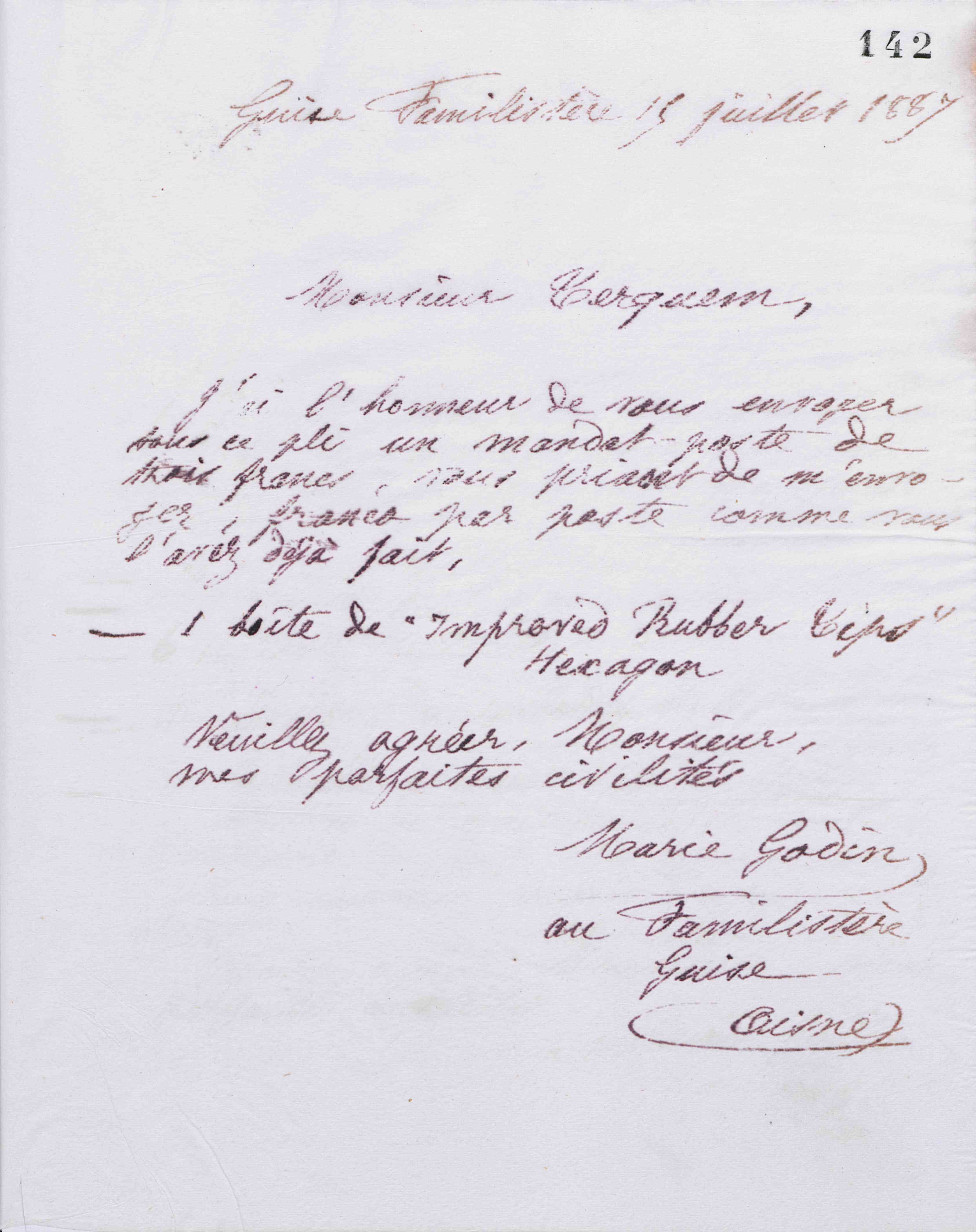 Marie Moret à Émile Terquem, 15 juillet 1887