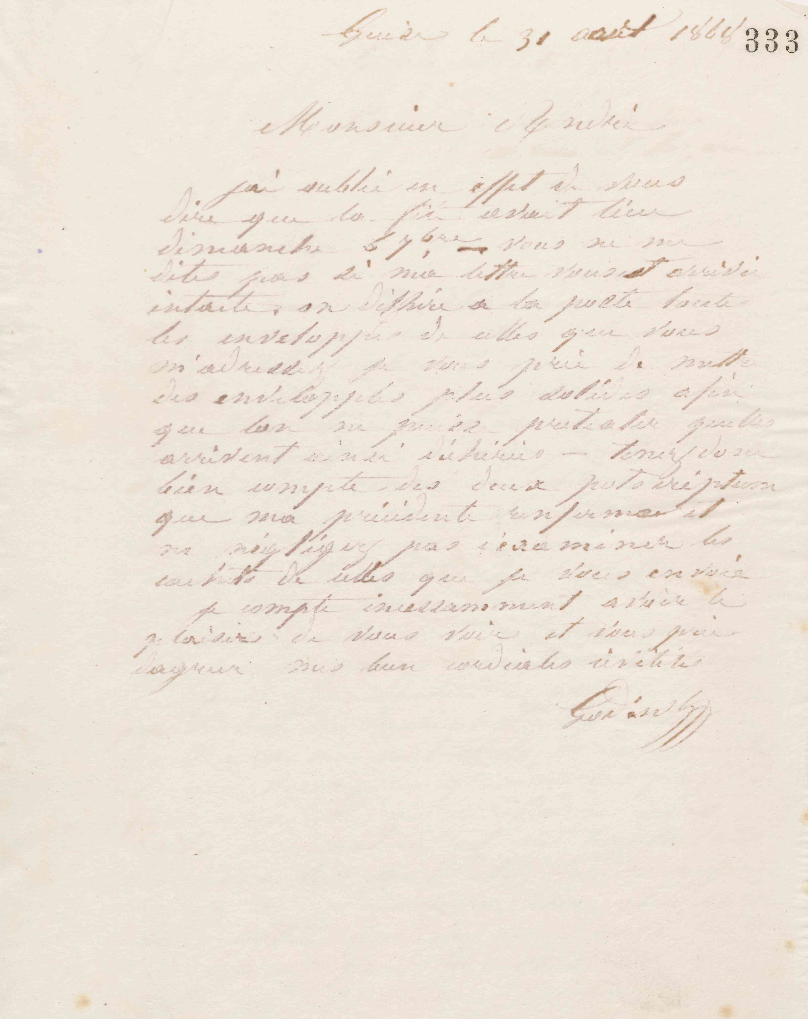 Jean-Baptiste André Godin à Eugène André, 31 août 1868