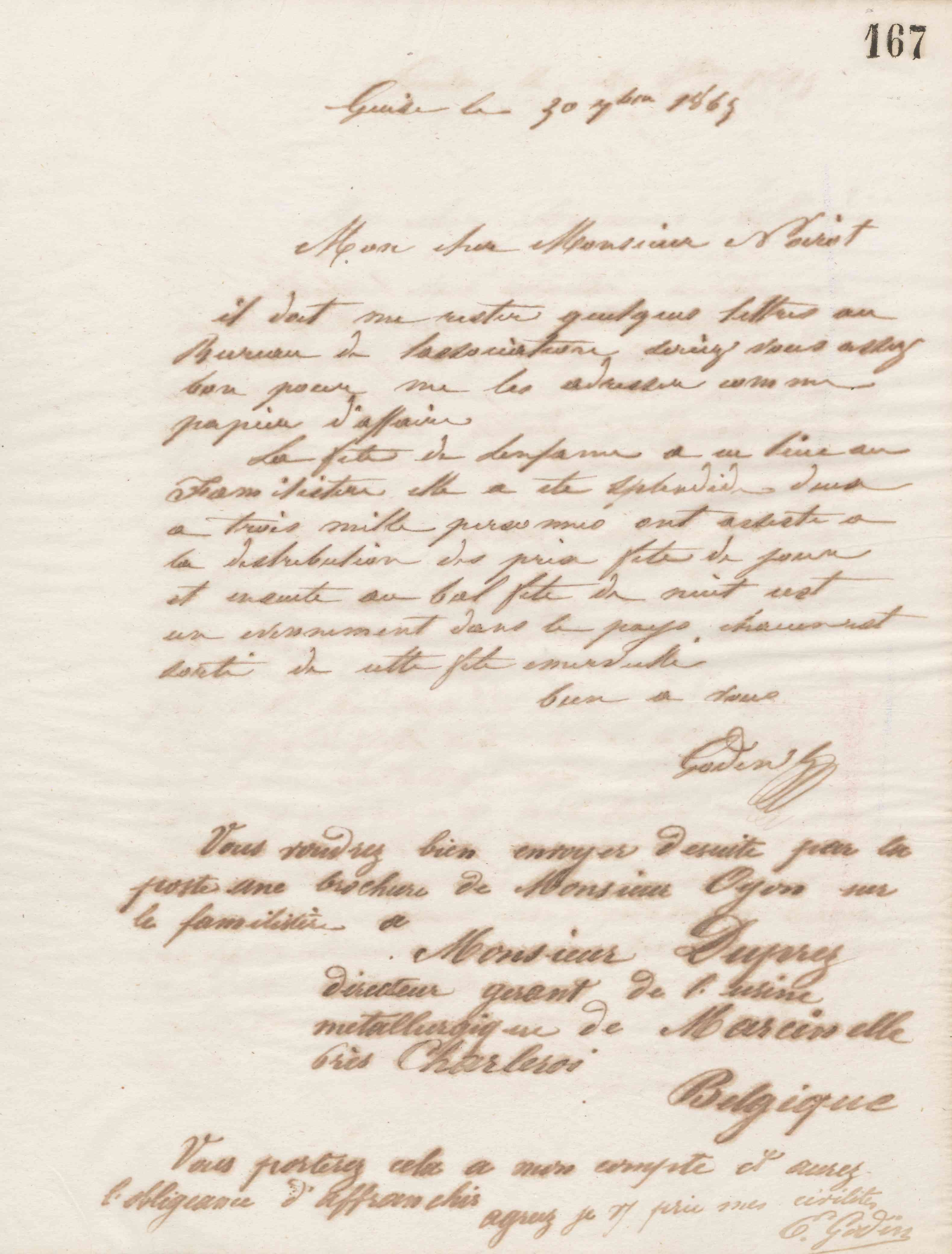 Jean-Baptiste André Godin à Jean-Baptiste Noirot, 30 septembre 1865