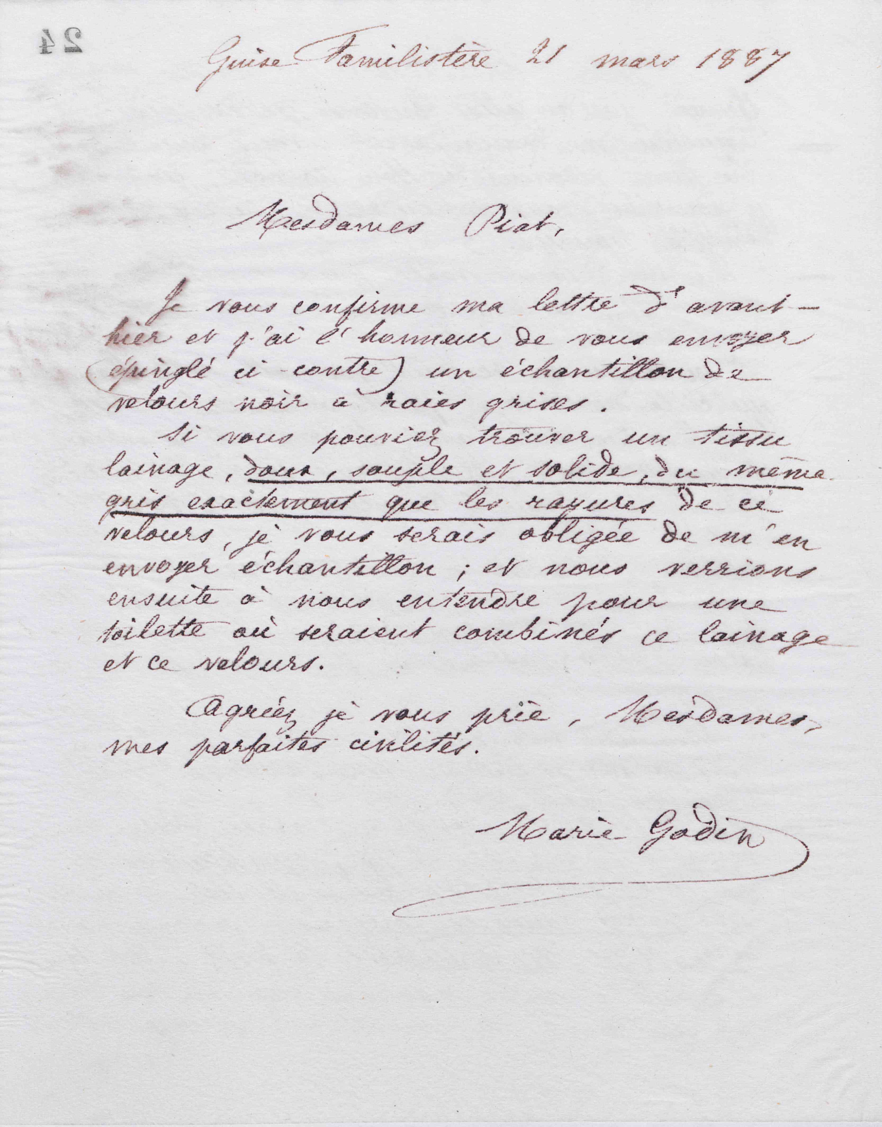 Marie Moret à Piat sœurs, 21 mars 1887