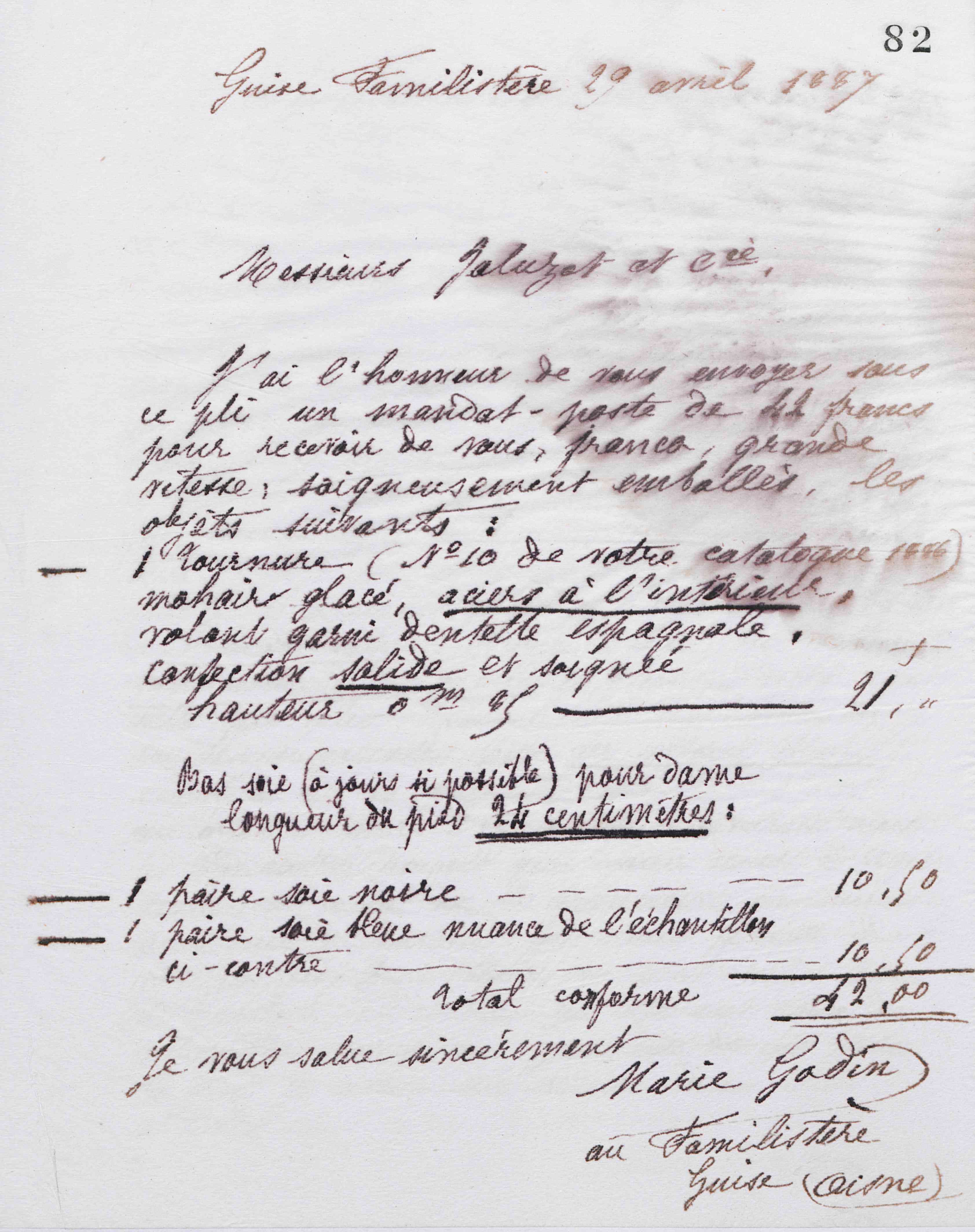 Marie Moret à Jaluzot et Cie, 29 avril 1887