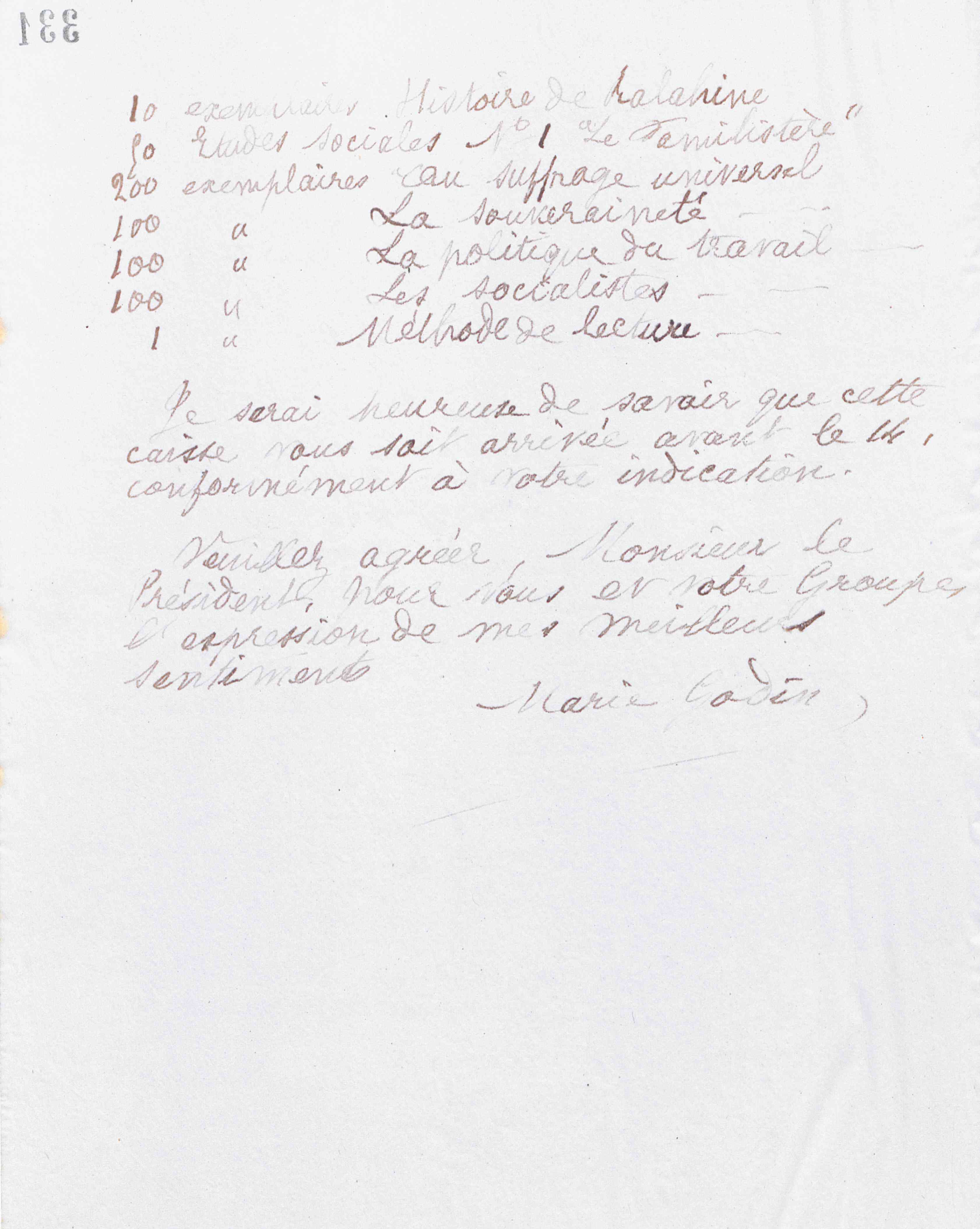 Marie Moret à monsieur A. Pardoux, 11 décembre 1889