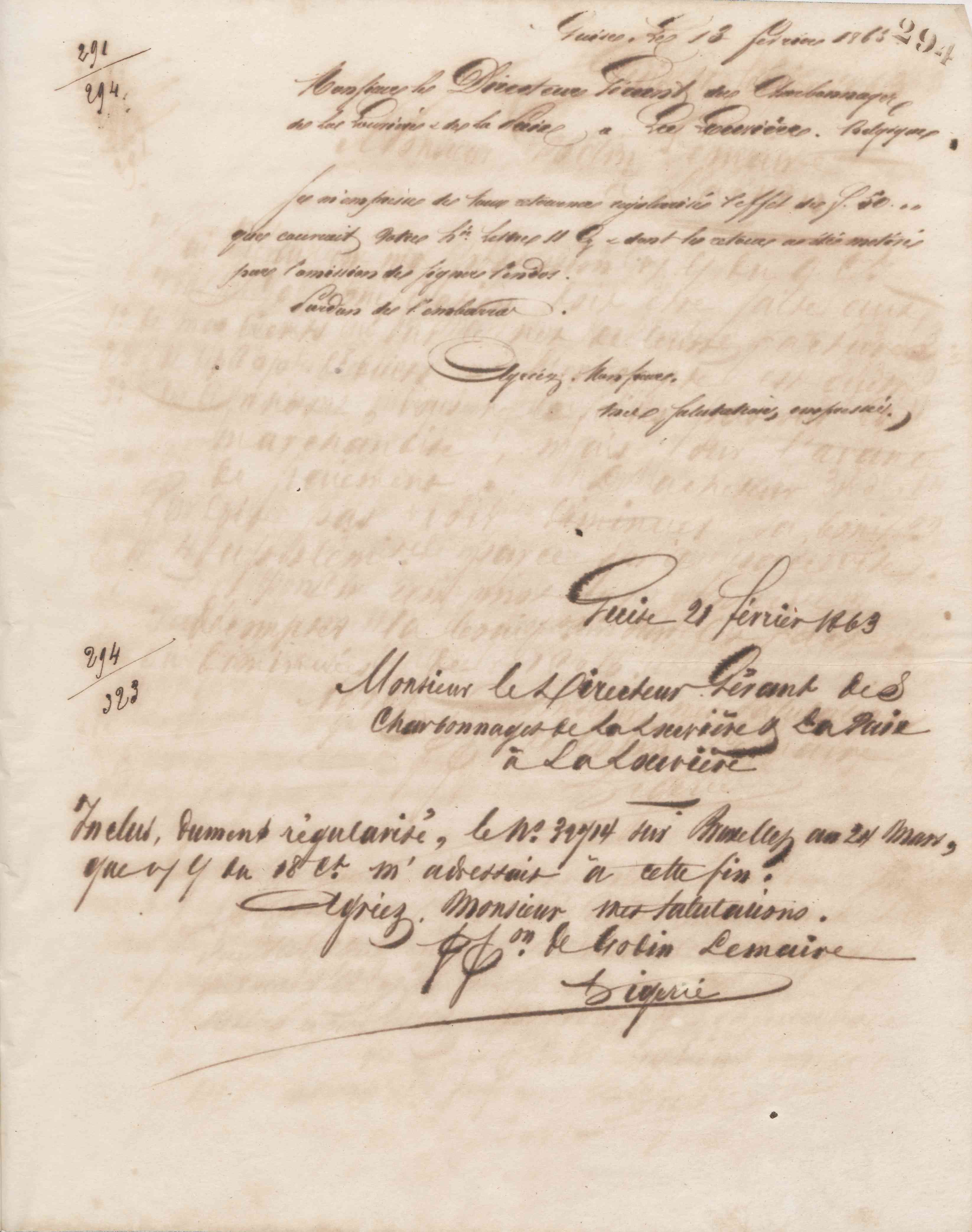 Jean-Baptiste André Godin au directeur des charbonnages de la Louvière et la Paix, 13 février 1863