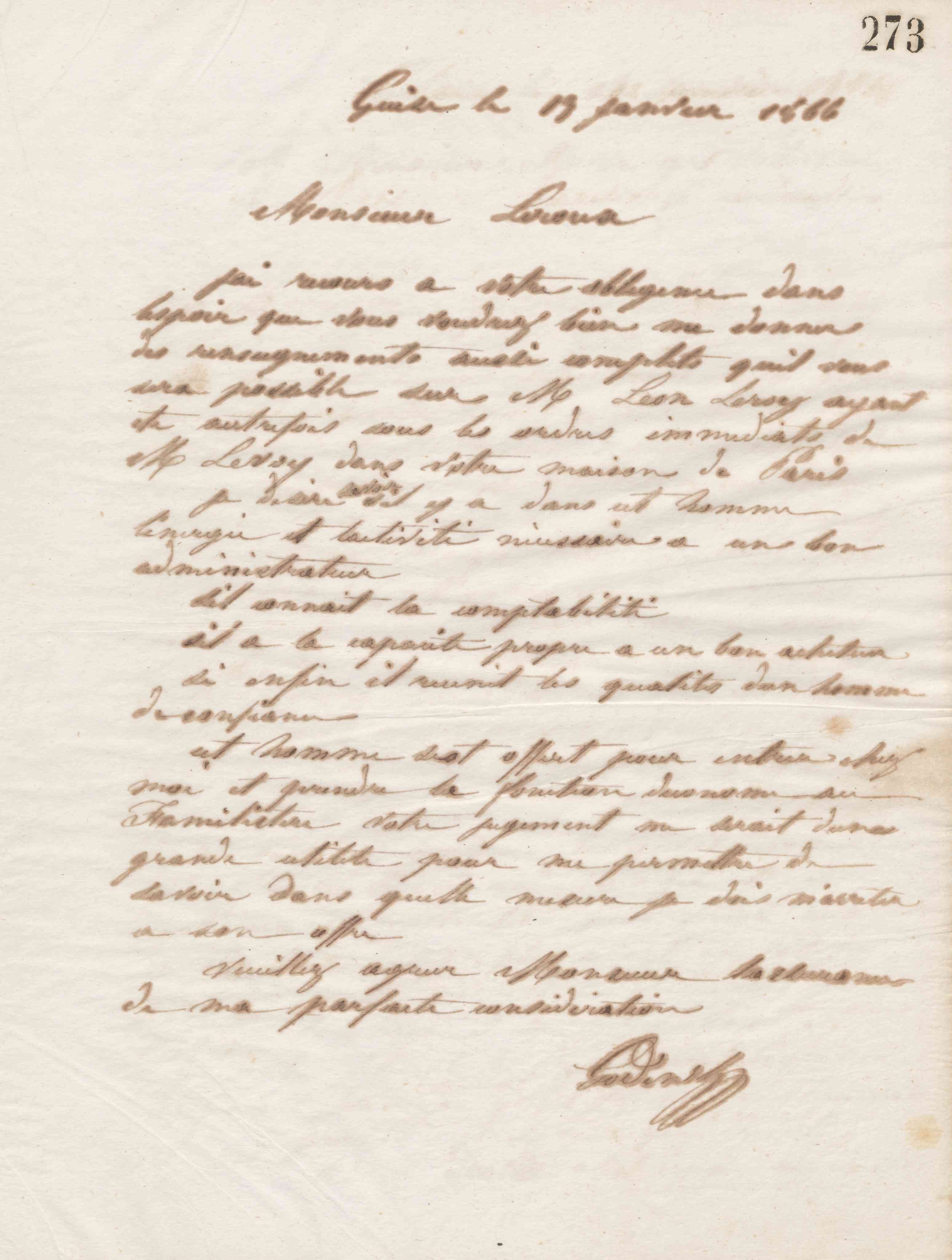 Jean-Baptiste André Godin à monsieur Leroux, 13 janvier 1866