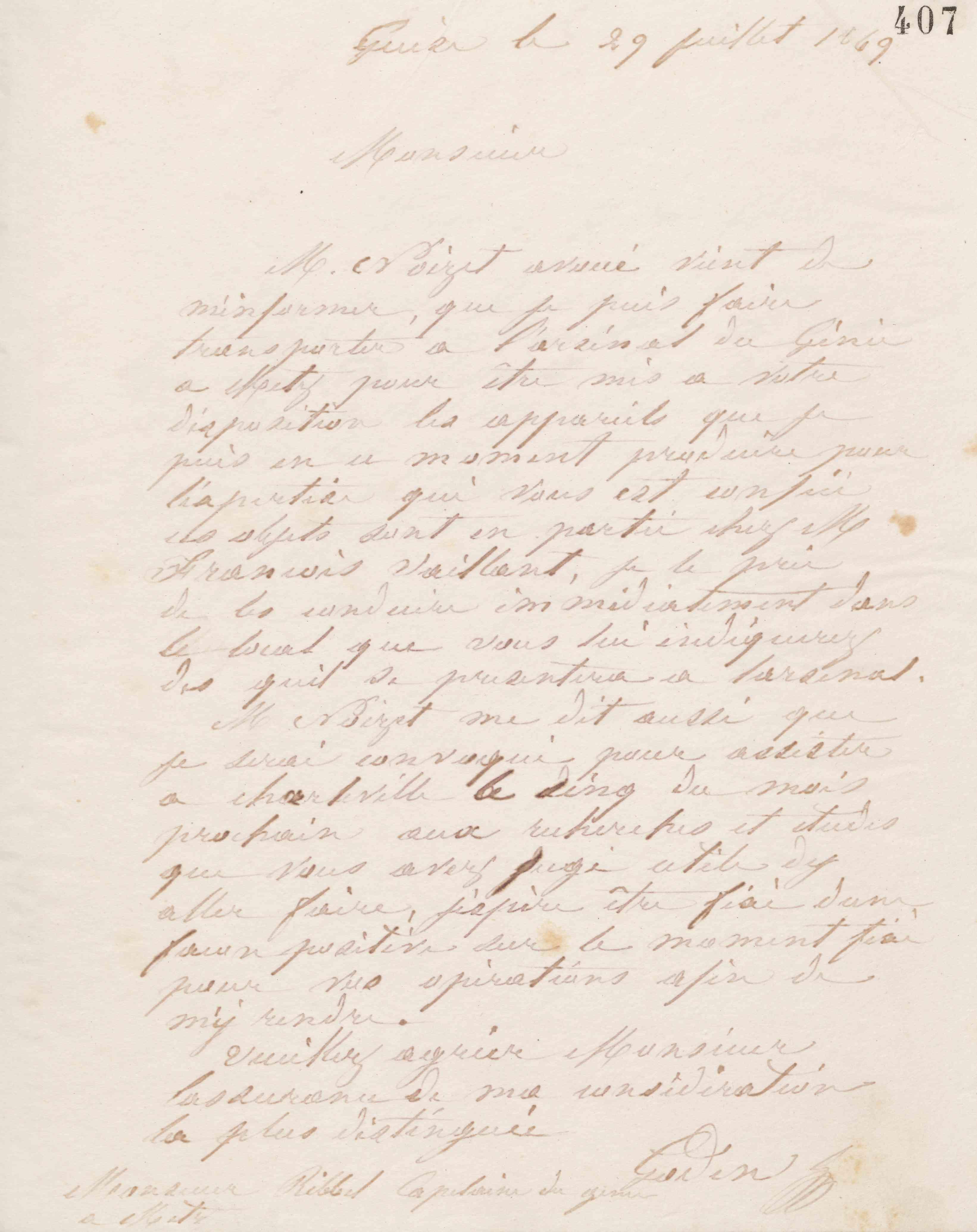 Jean-Baptiste André Godin à monsieur Ribbel, 29 juillet 1869