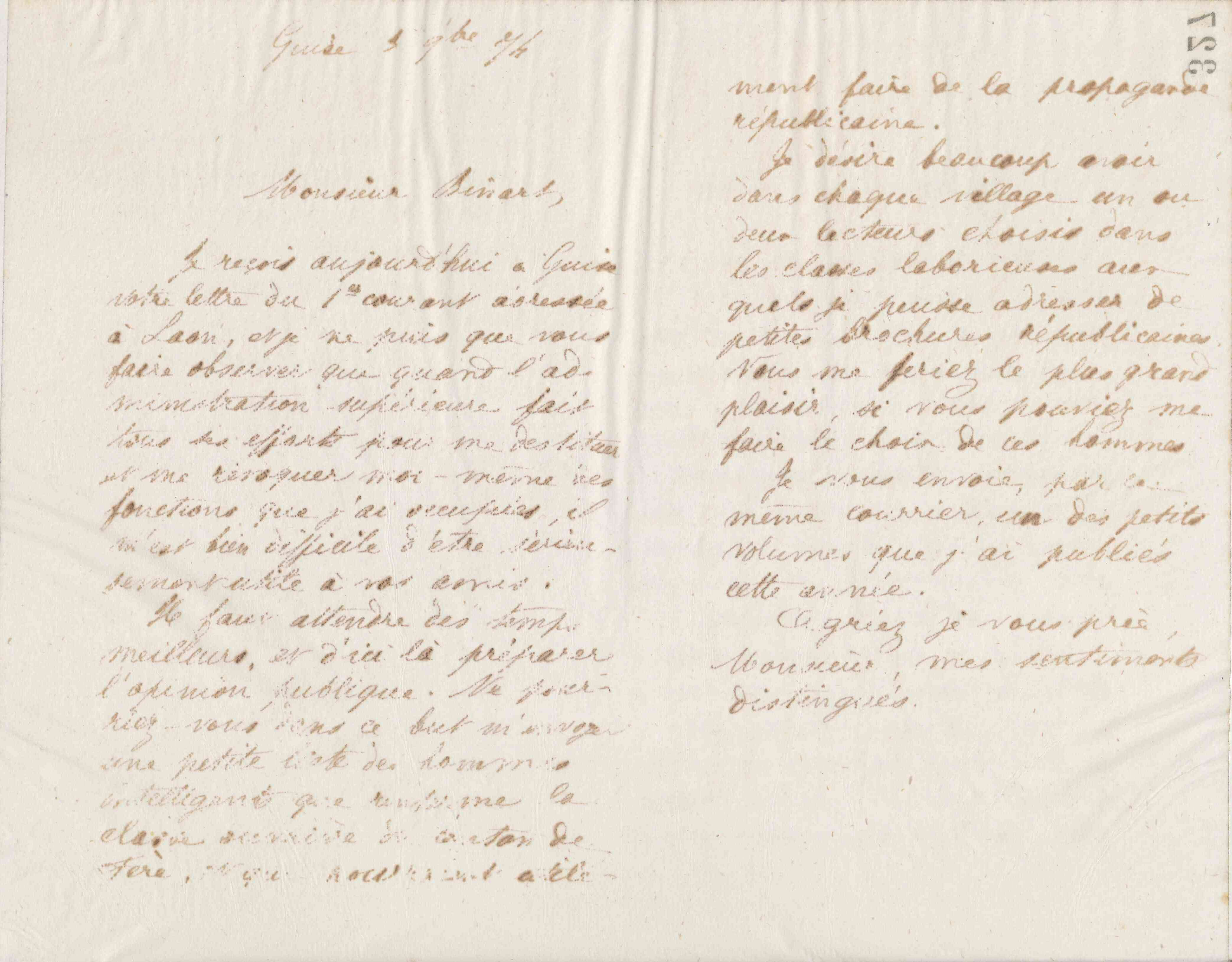 Jean-Baptiste André Godin à monsieur Binart, 3 novembre 1874