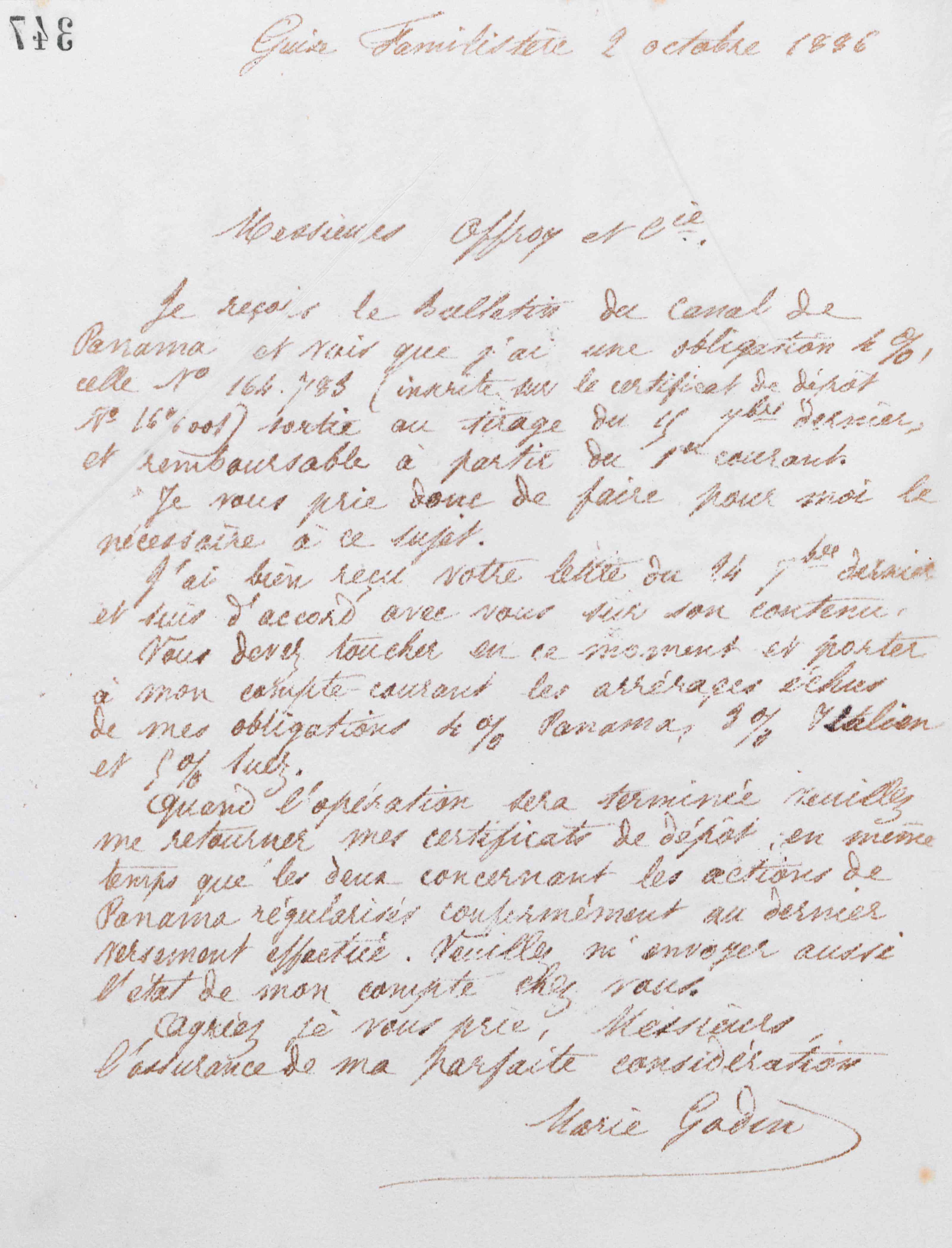 Marie Moret à Offroy et Cie, 2 octobre 1886