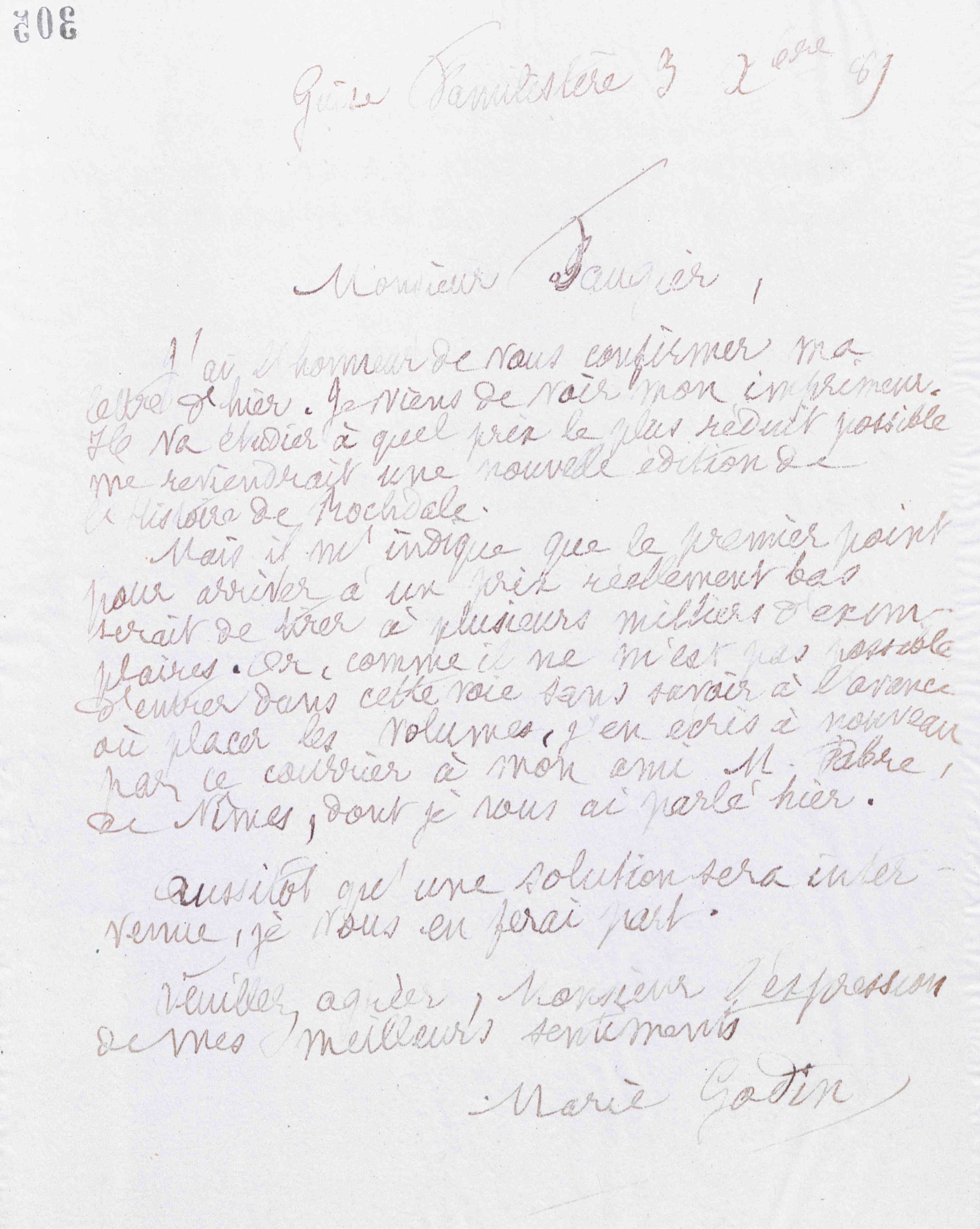Marie Moret à monsieur Faugier, 3 décembre 1889
