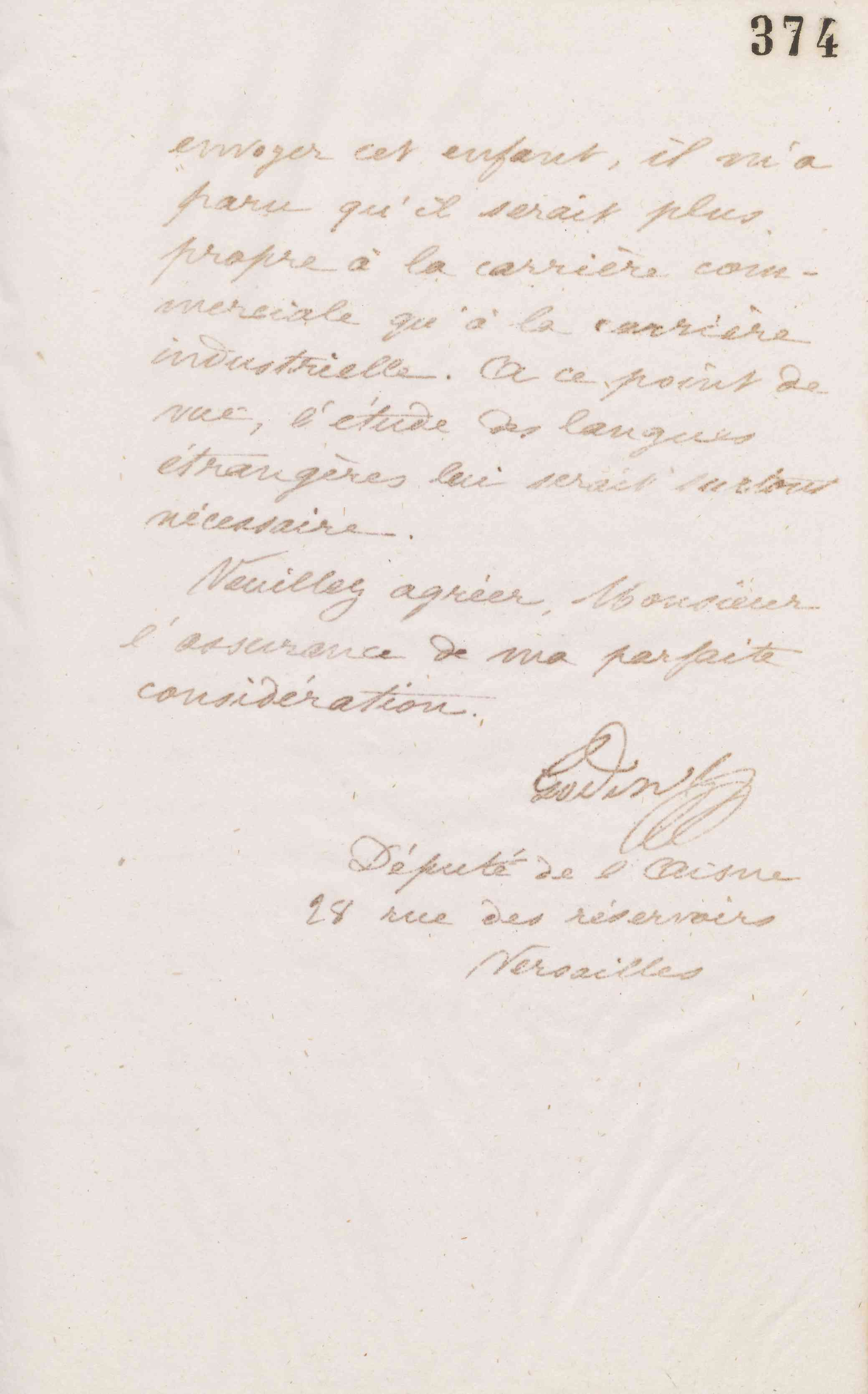 Jean-Baptiste André Godin à monsieur J. Aiga, 28 février 1874