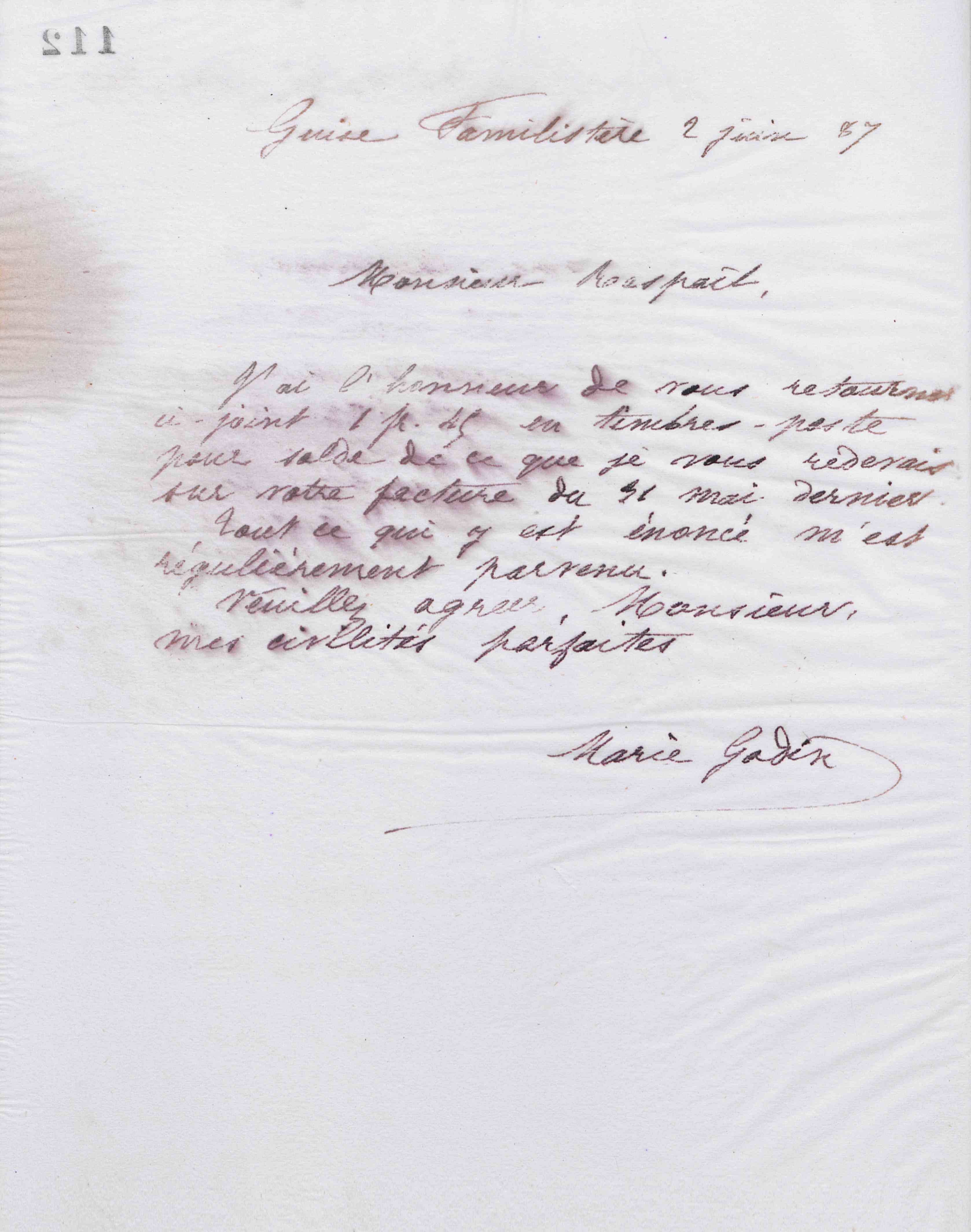 Marie Moret à E. Raspail et fils, 2 juin 1887