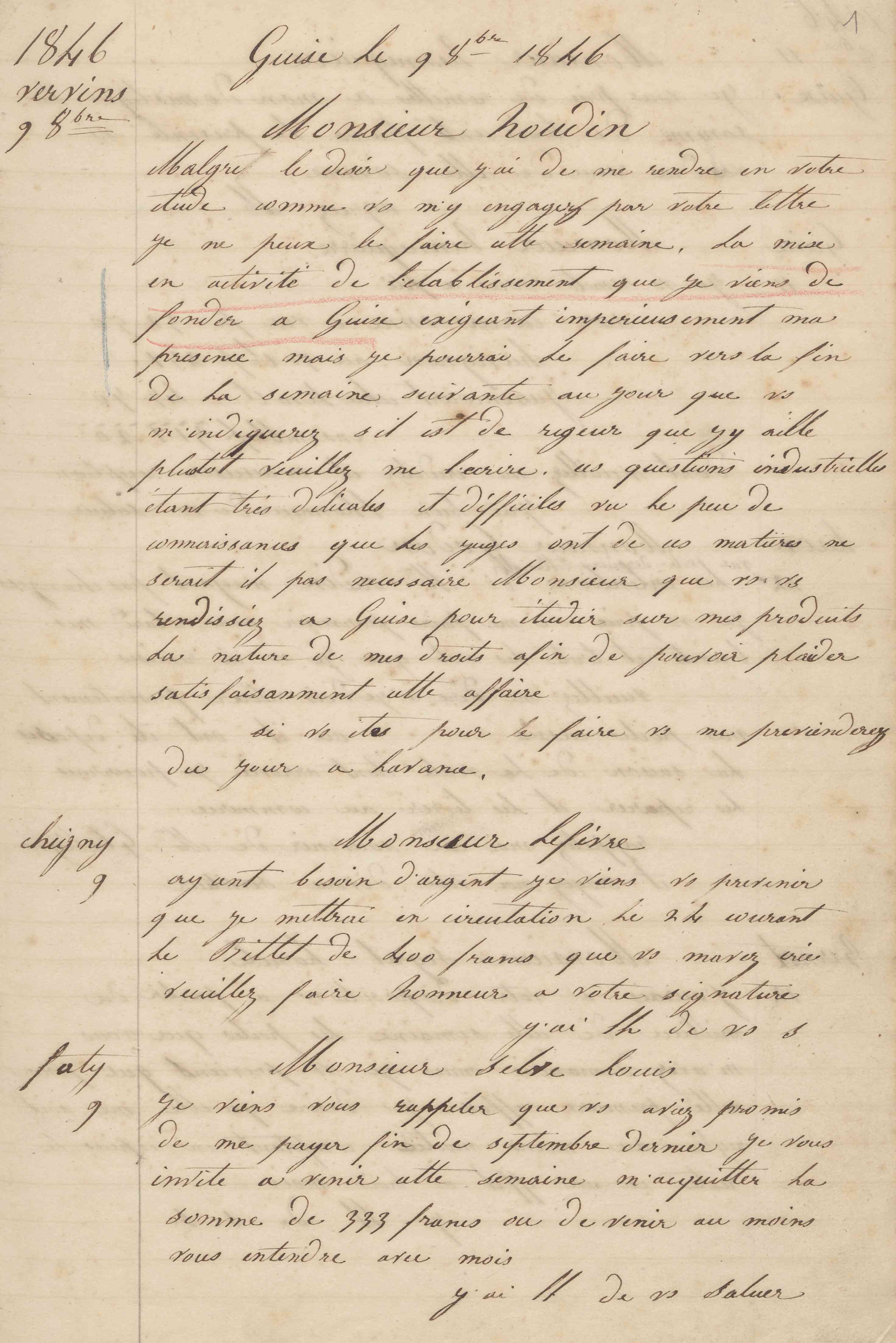 Jean-Baptiste André Godin à monsieur Lefèvre, 9 octobre 1846 Jean-Baptiste André Godin à monsieur Lefèvre, 9 octobre 1846