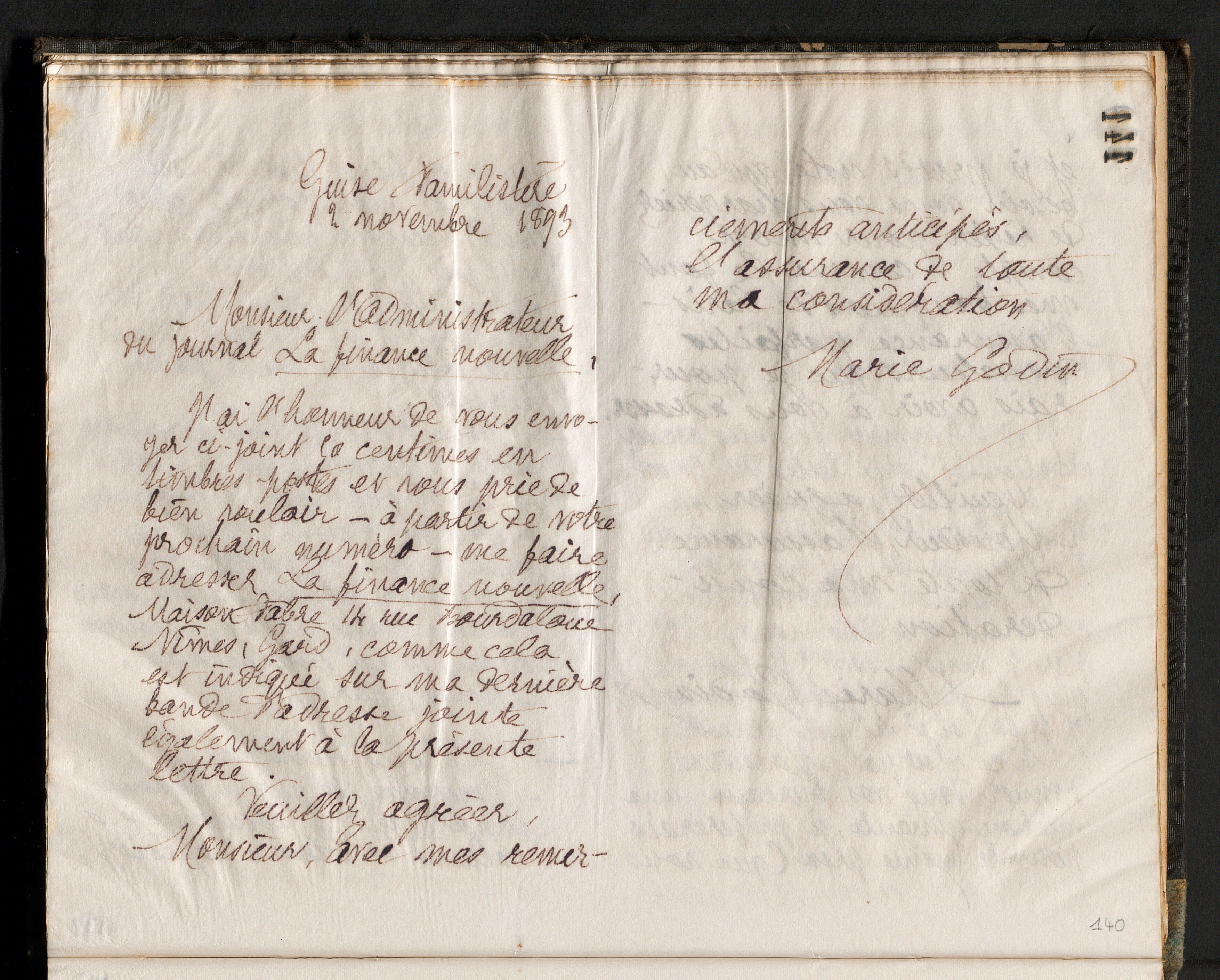 Marie Moret à l&#039;administrateur du journal &lt;em&gt;La Finance nouvelle&lt;/em&gt;, 2 novembre 1893