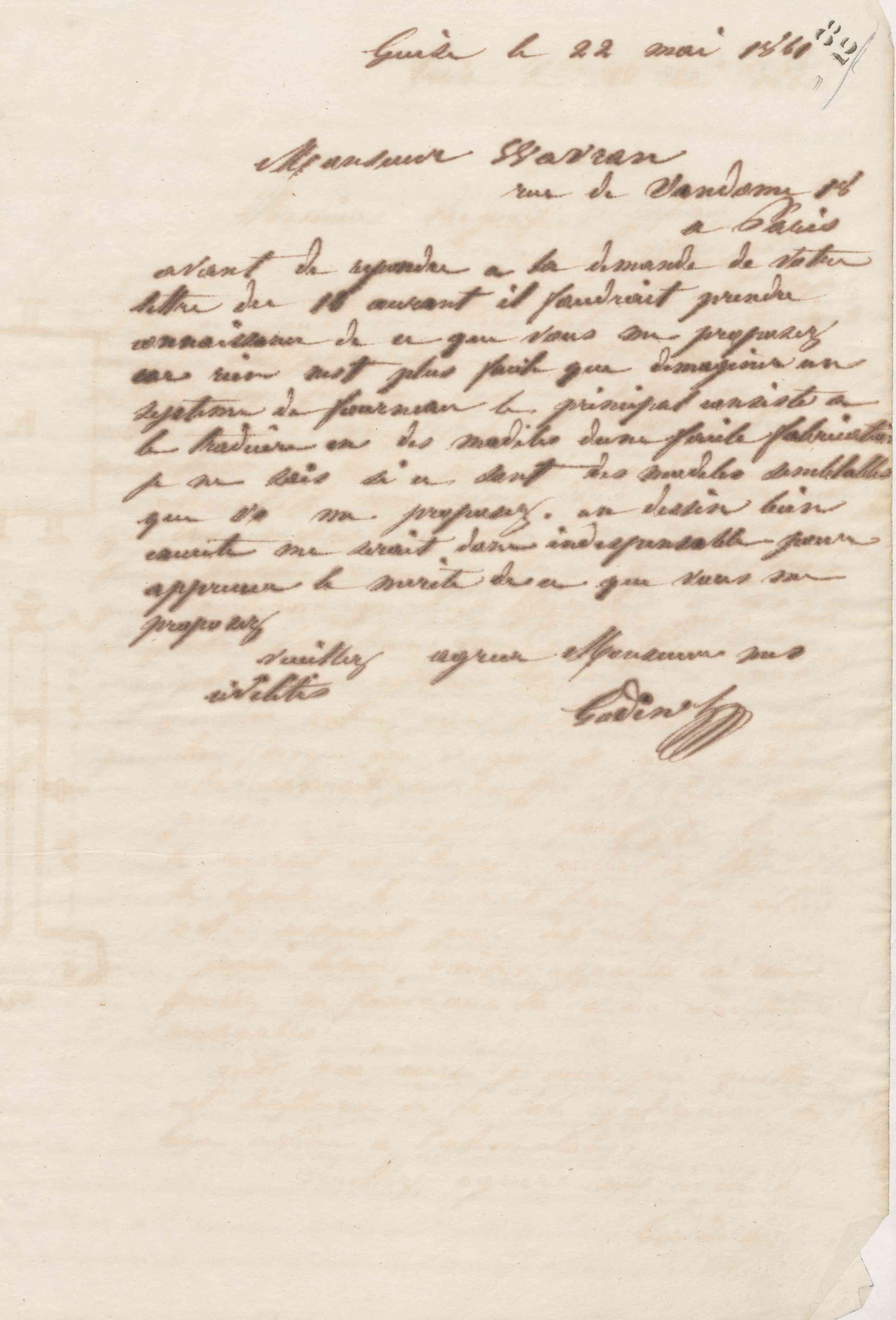 Jean-Baptiste André Godin à monsieur Wavran, 22 mai 1861