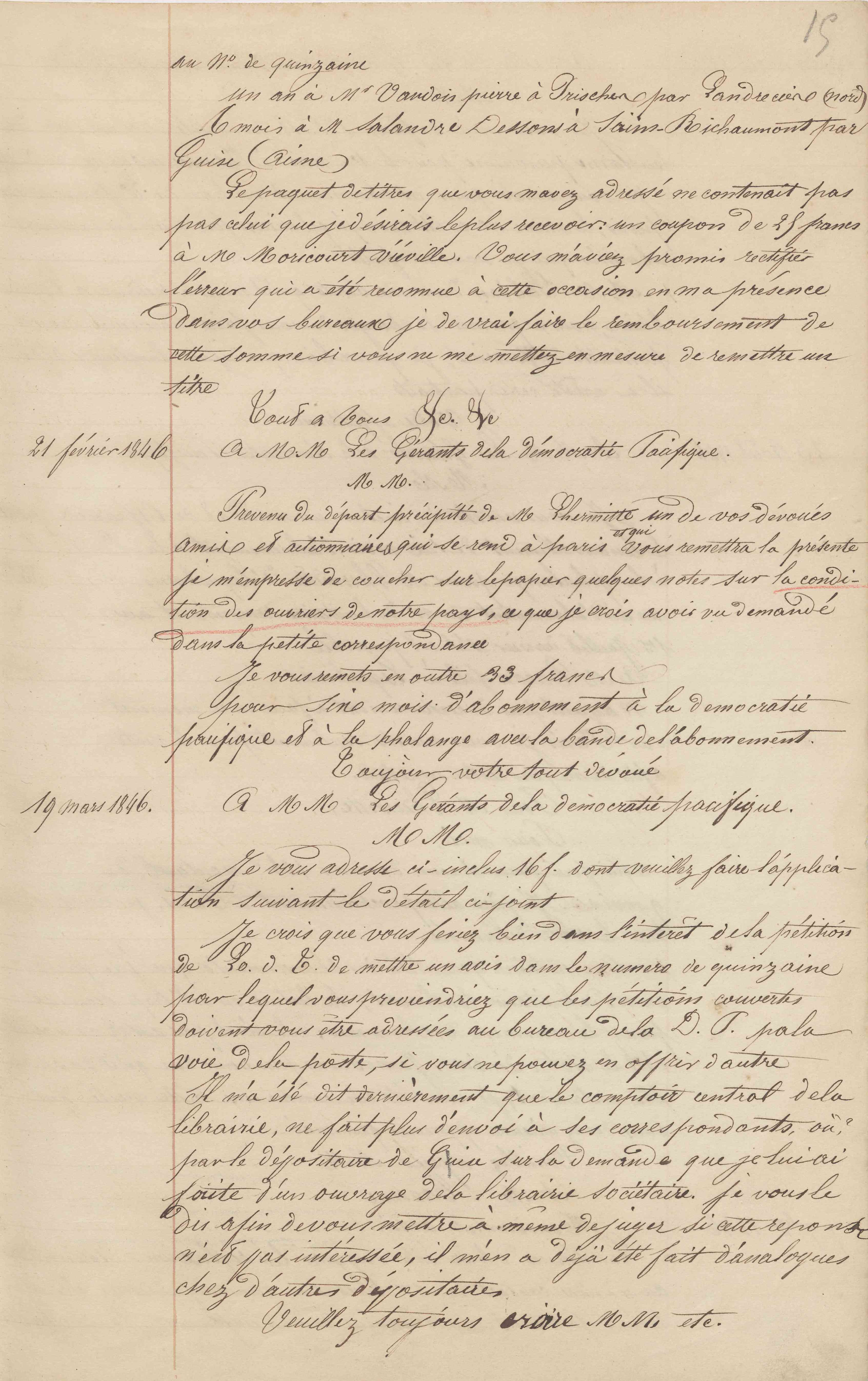 Jean-Baptiste André Godin aux gérants de La Démocratie pacifique, 19 mars 1846