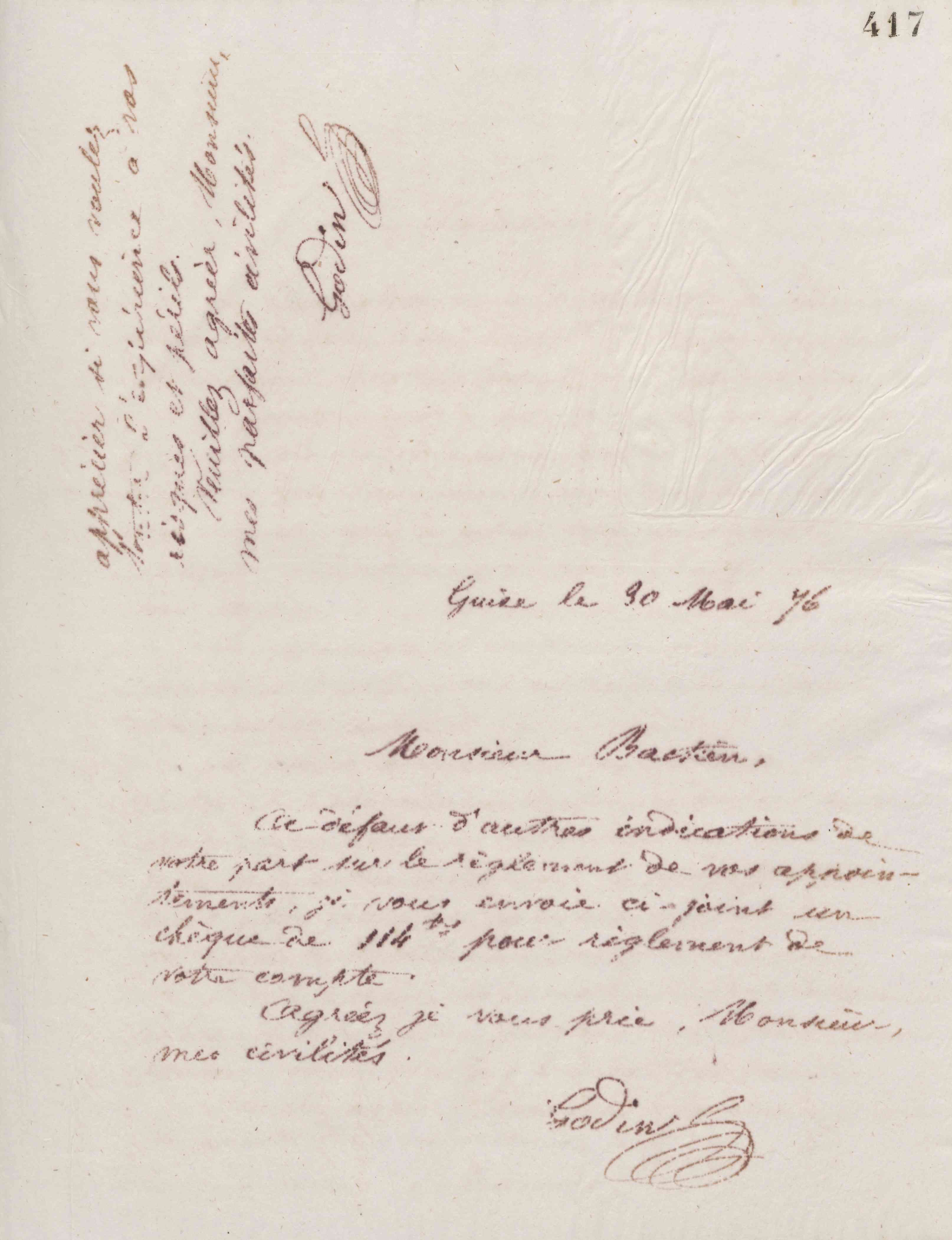 Jean-Baptiste André Godin à Emmanuel Épaulard, 29 mai 1876 Jean-Baptiste André Godin à Emmanuel Épaulard, 29 mai 1876