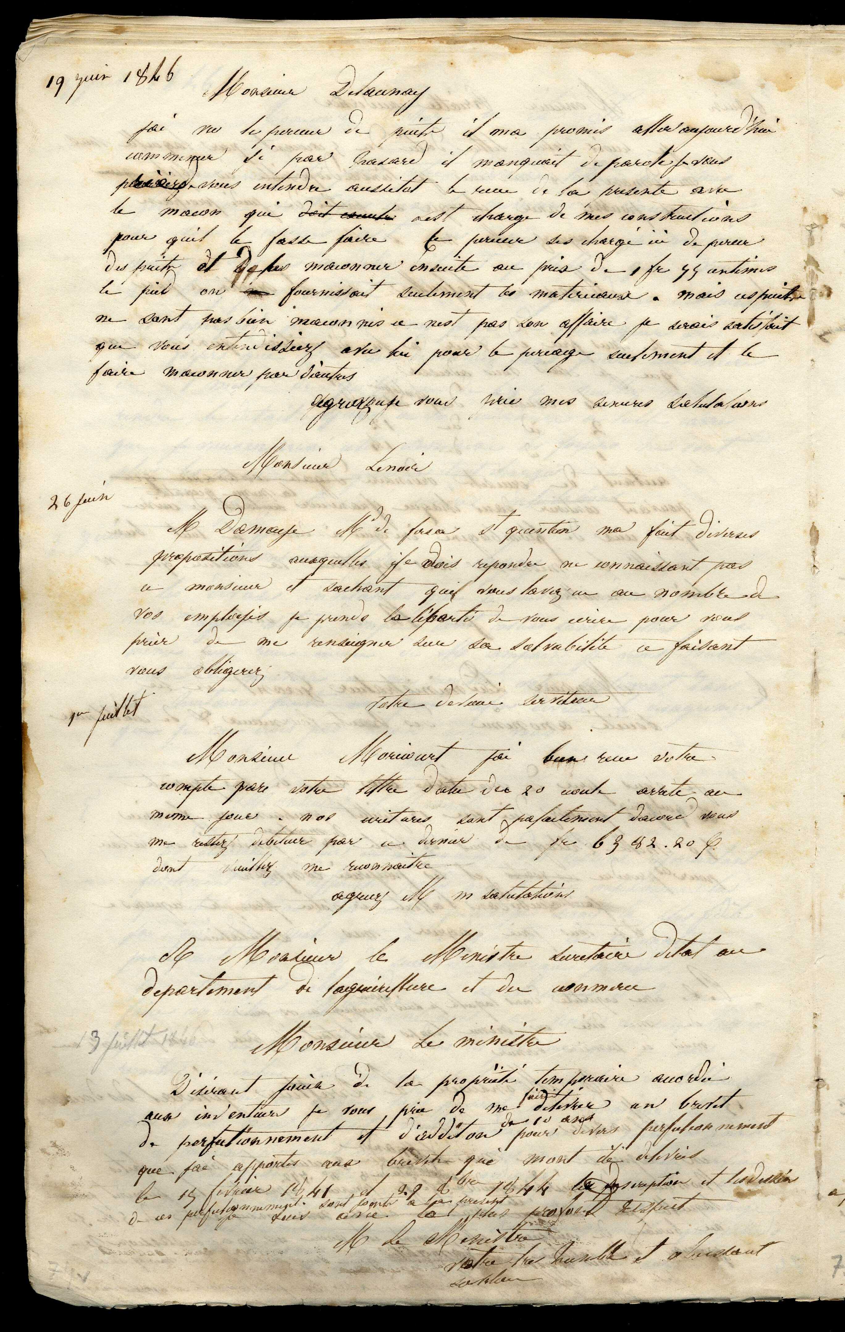 Jean-Baptiste André Godin à monsieur Lenoir, 26 juin [1846]