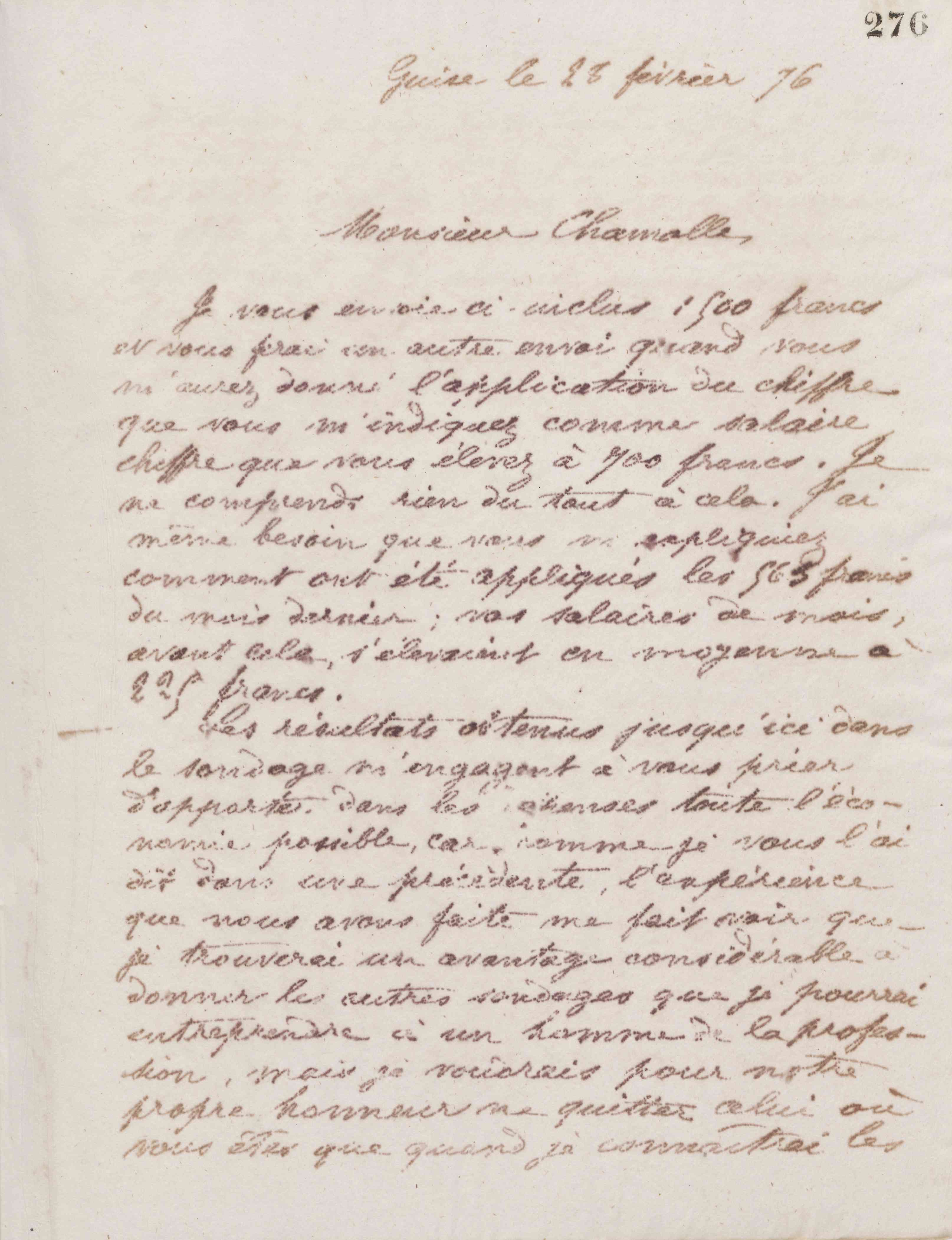 Jean-Baptiste André Godin à monsieur Chamolle, 28 février 1876