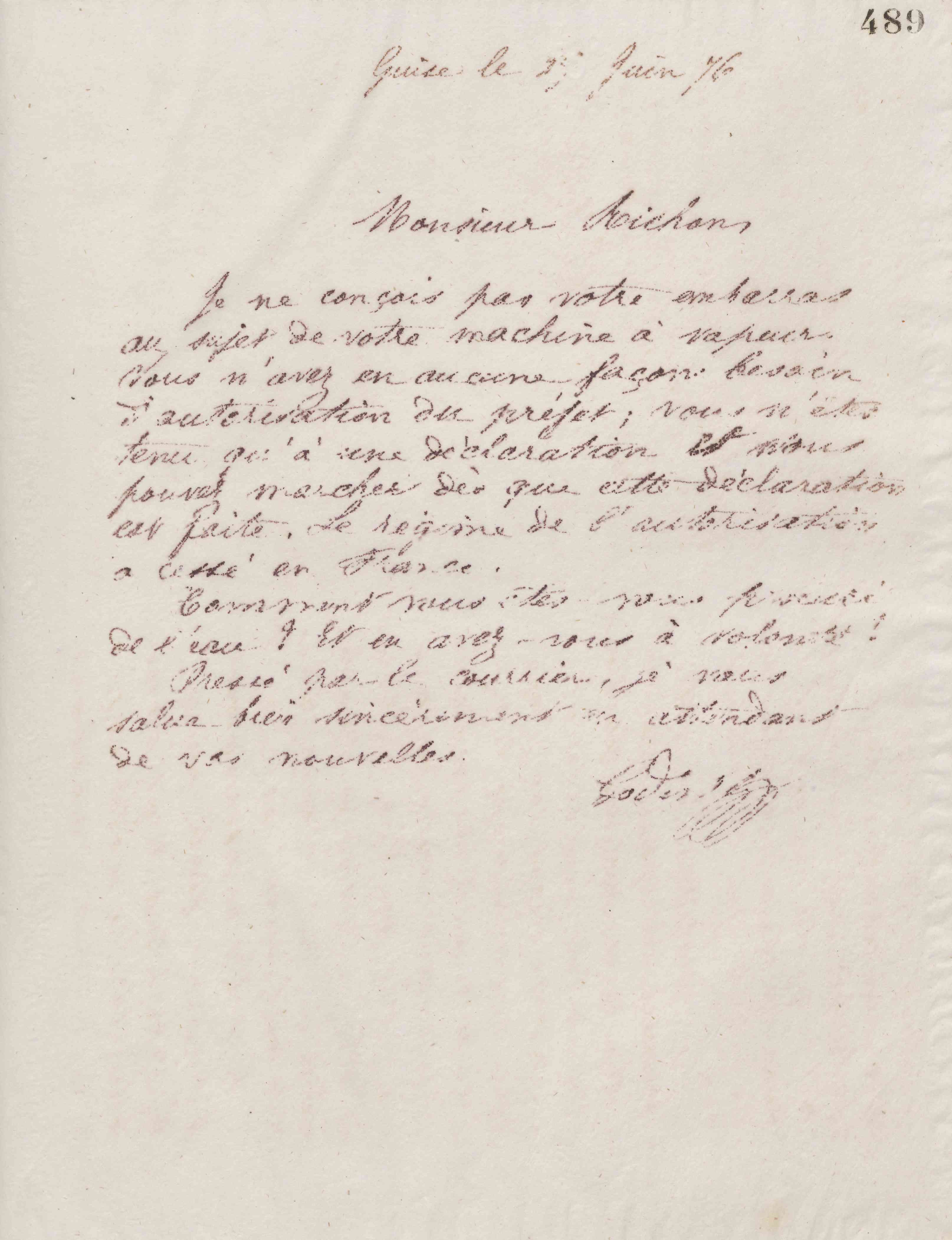 Jean-Baptiste André Godin à monsieur Richon, 29 juin 1876