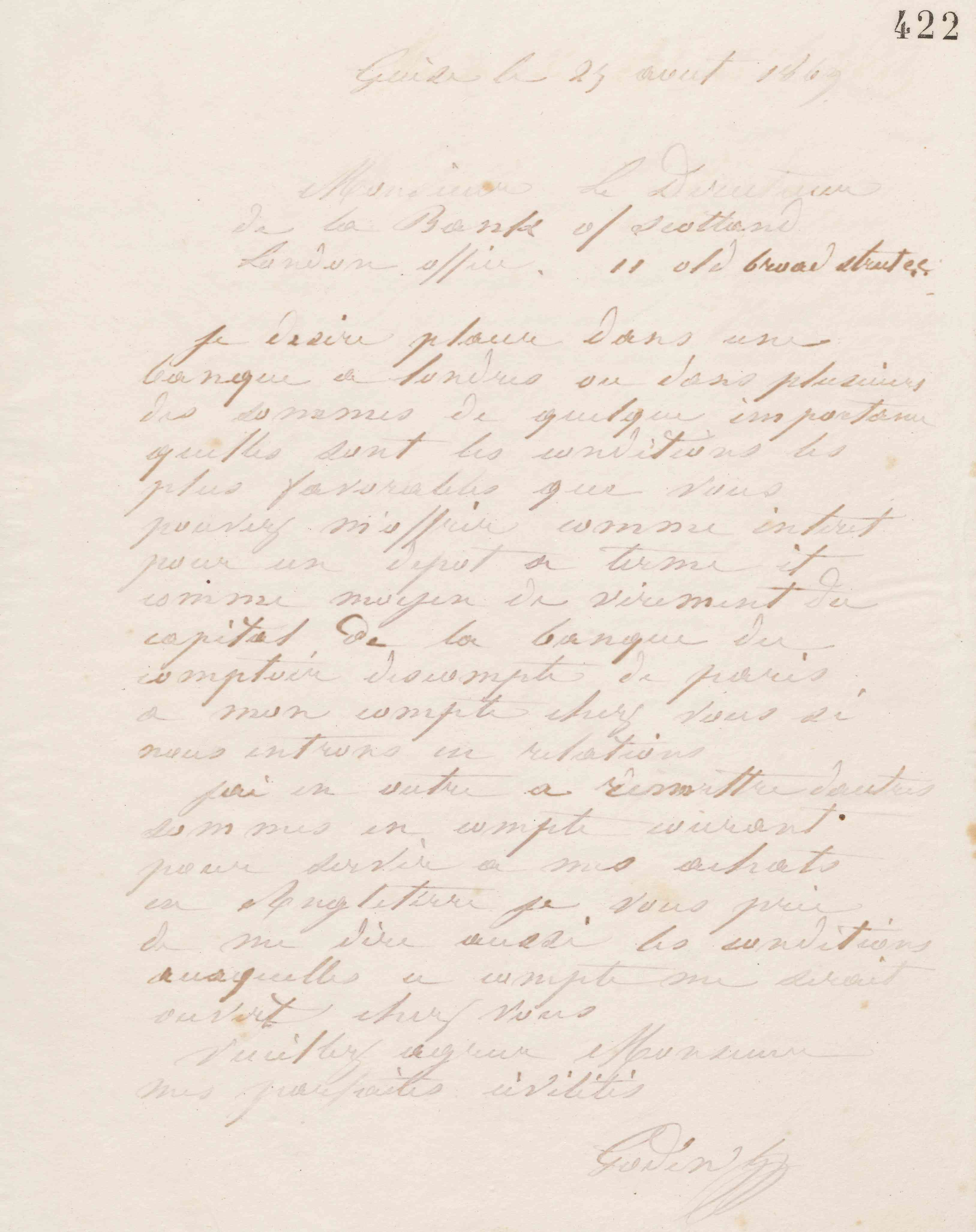 Jean-Baptiste André Godin au directeur du bureau londonien de la Bank of Scotland, 25 août 1869