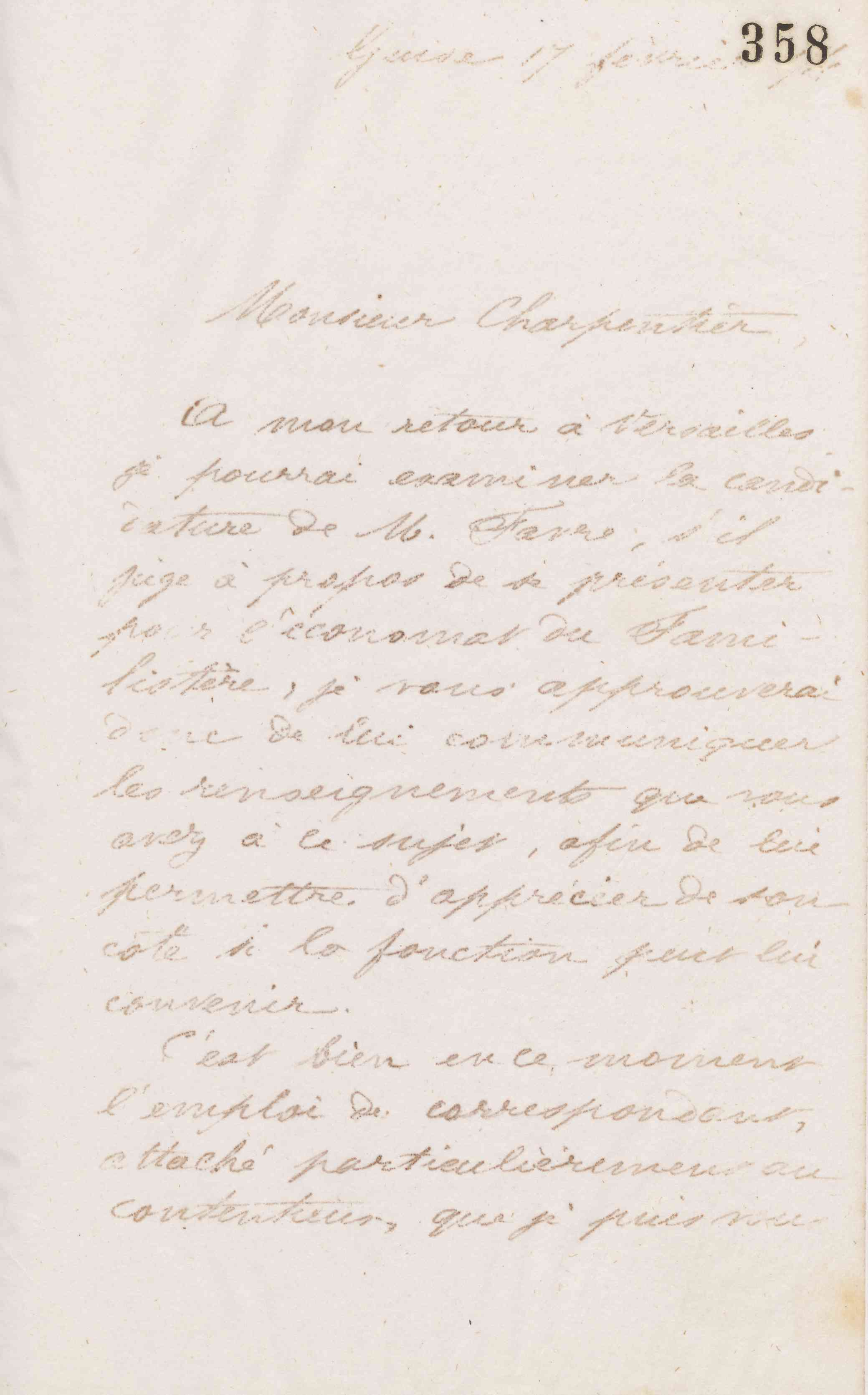 Jean-Baptiste André Godin à monsieur Charpentier, 15 février 1874