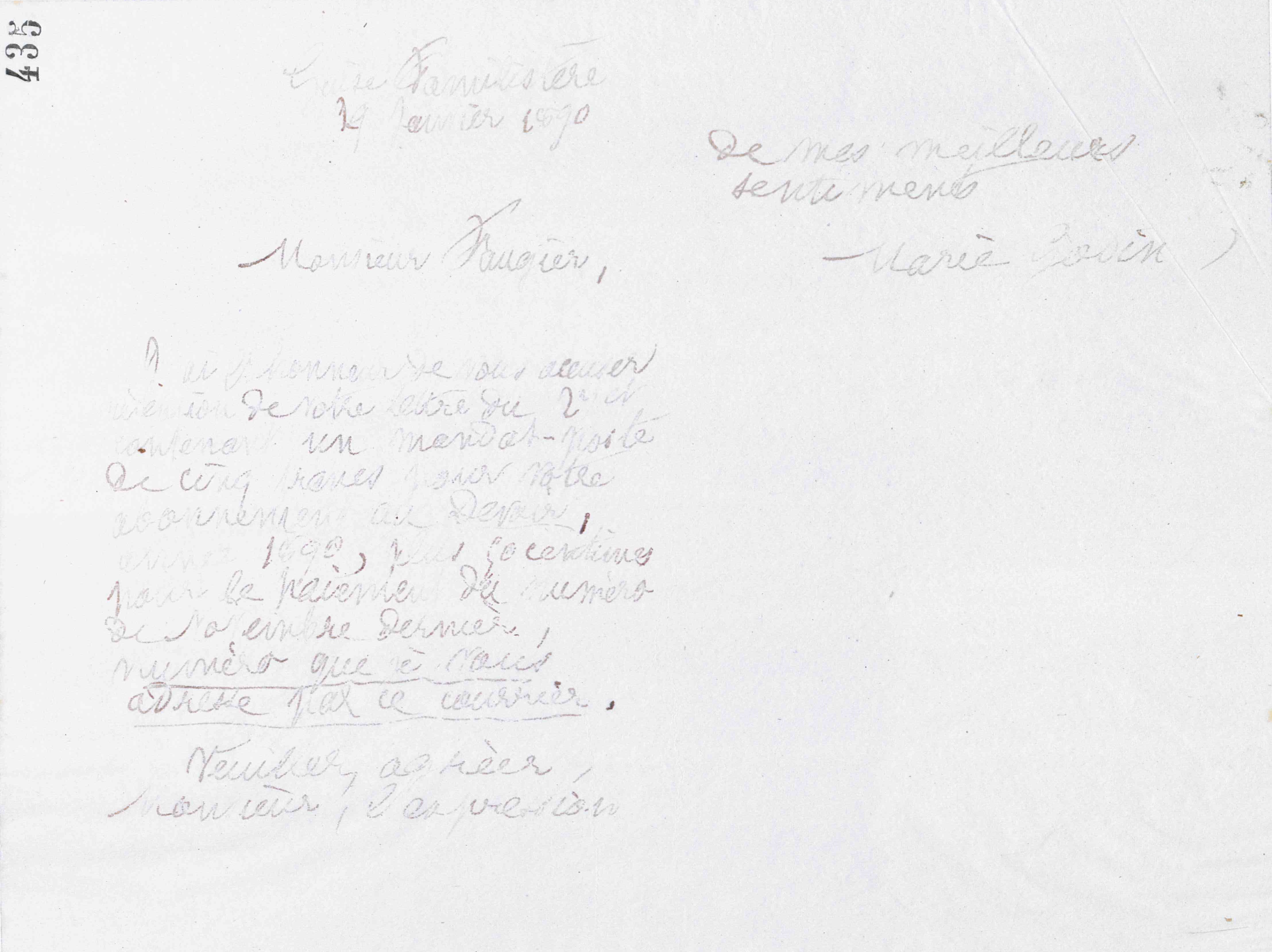 Marie Moret à monsieur Faugier, 29 janvier 1890 Marie Moret à monsieur Faugier, 29 janvier 1890