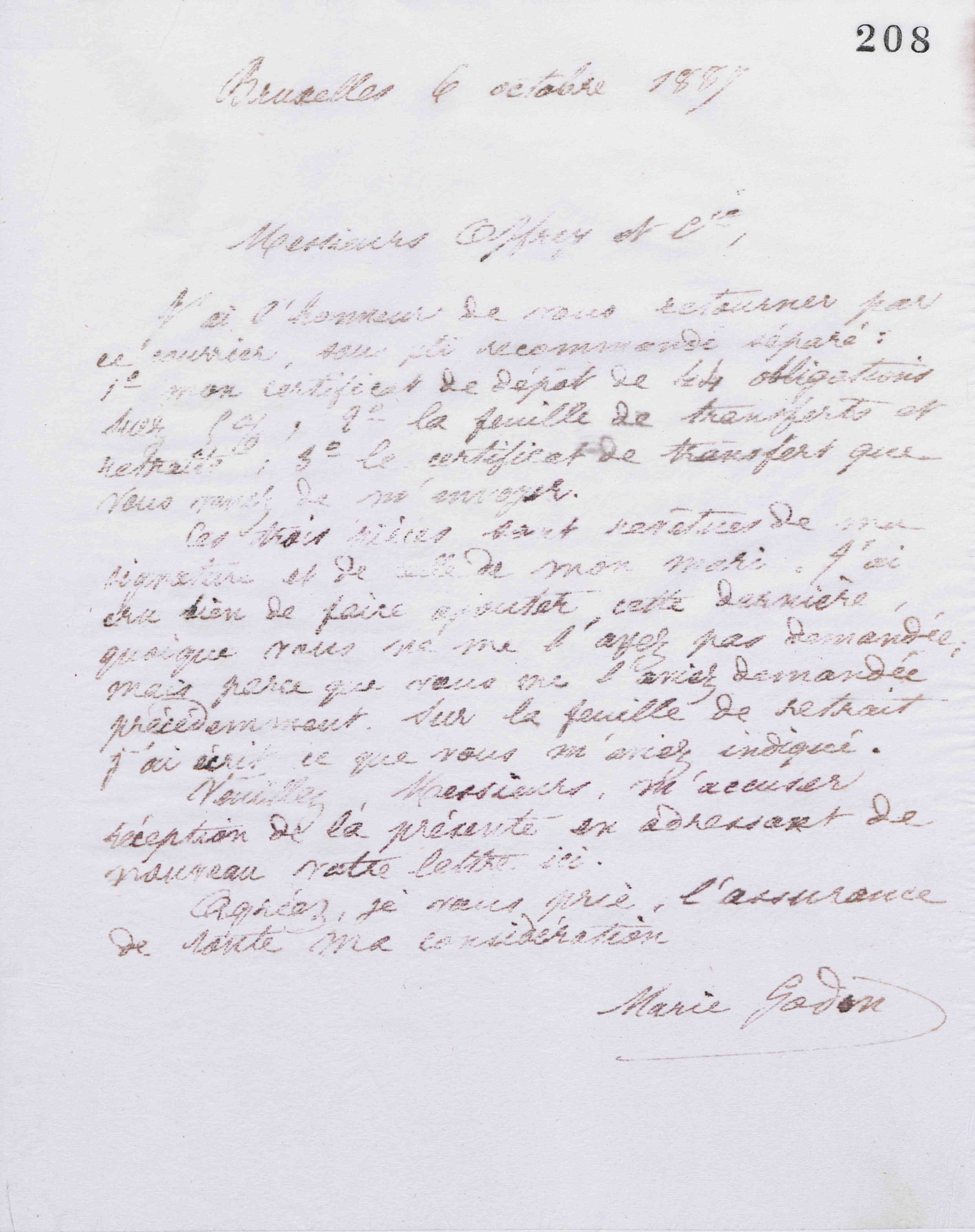Marie Moret à Offroy et Cie, 6 octobre 1887