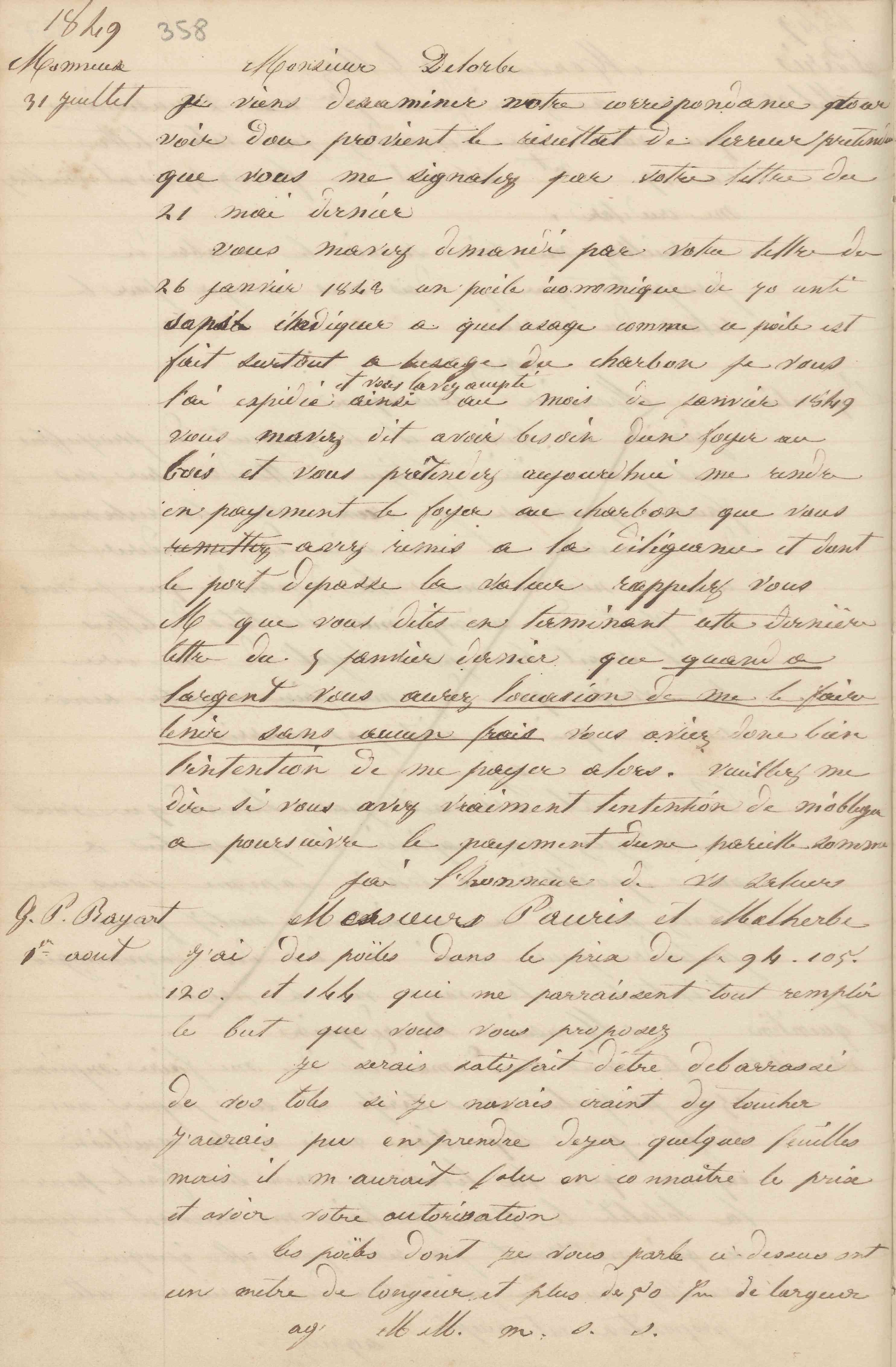 Jean-Baptiste André Godin à monsieur Delorbe, 31 juillet 1849 Jean-Baptiste André Godin à monsieur Delorbe, 31 juillet 1849