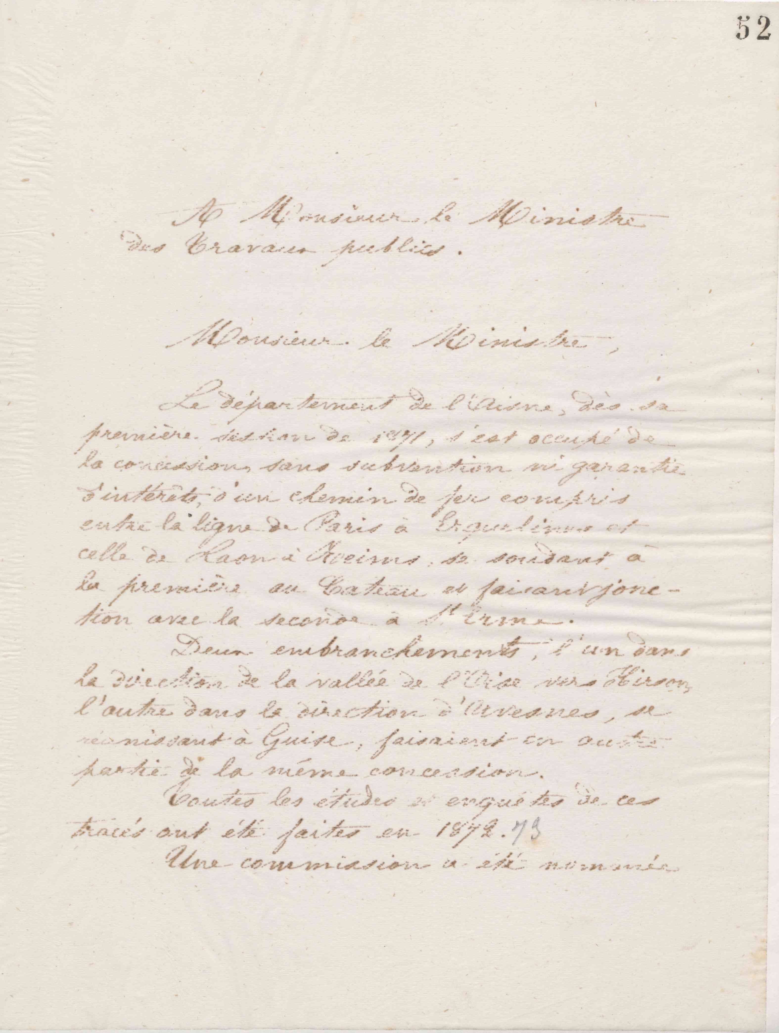 La commission des chemins de fer du conseil général de l'Aisne au ministre des Travaux publics, 20 décembre 1873