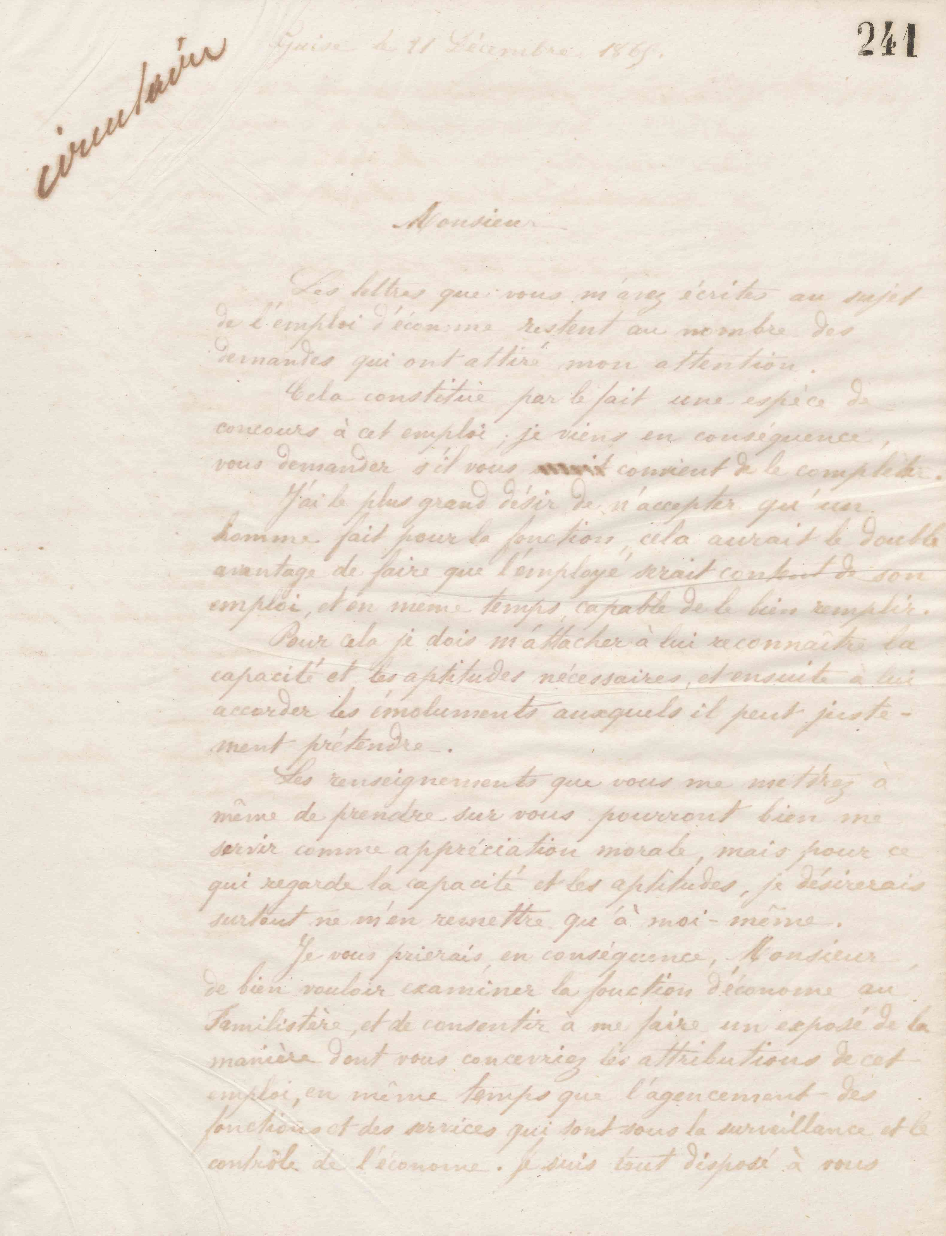 Jean-Baptiste André Godin aux candidats à l'emploi d'économe du Familistère, 21 décembre 1865