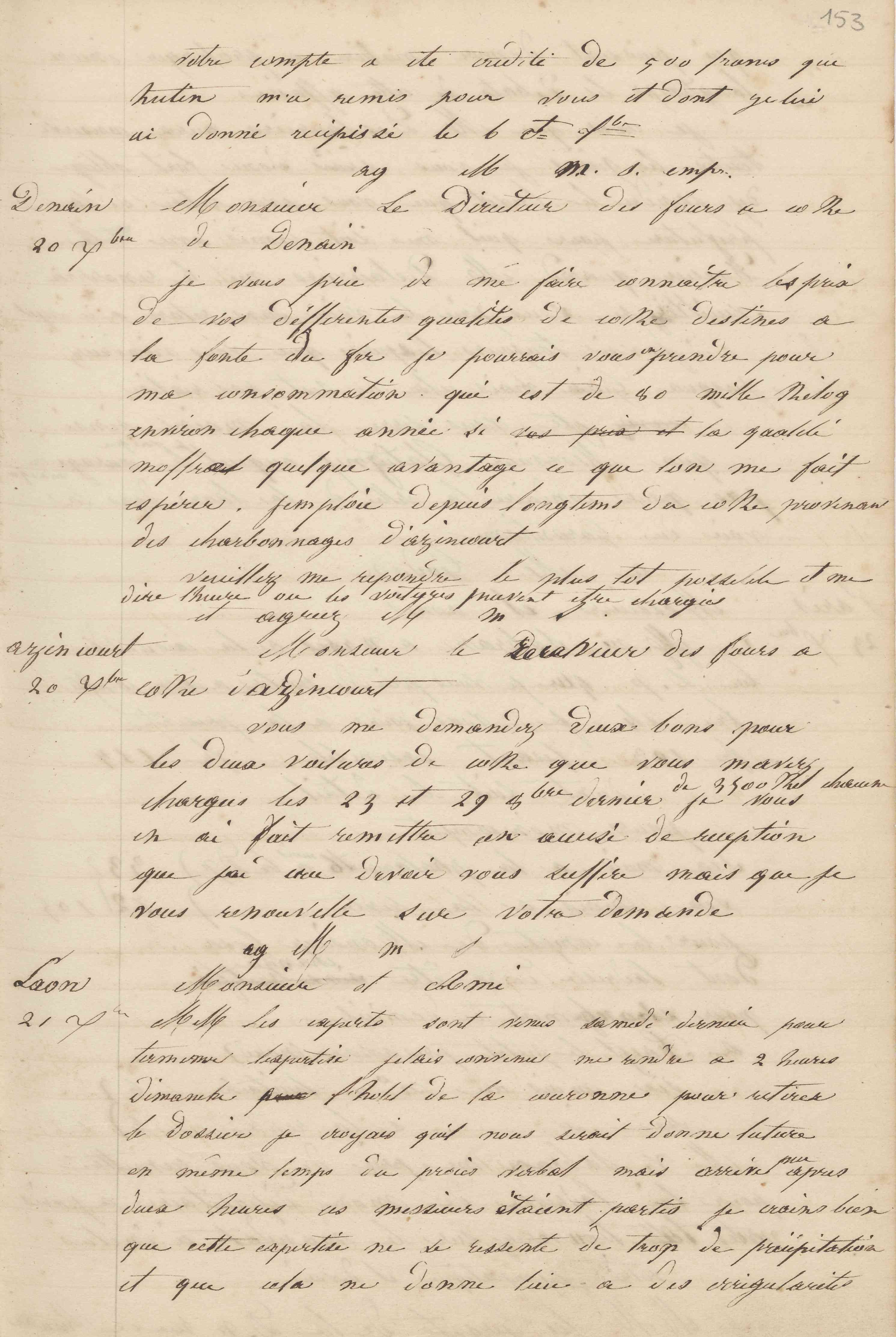 Jean-Baptiste André Godin à monsieur le receveur des fours à coke d'Azincourt, 20 décembre 1847.