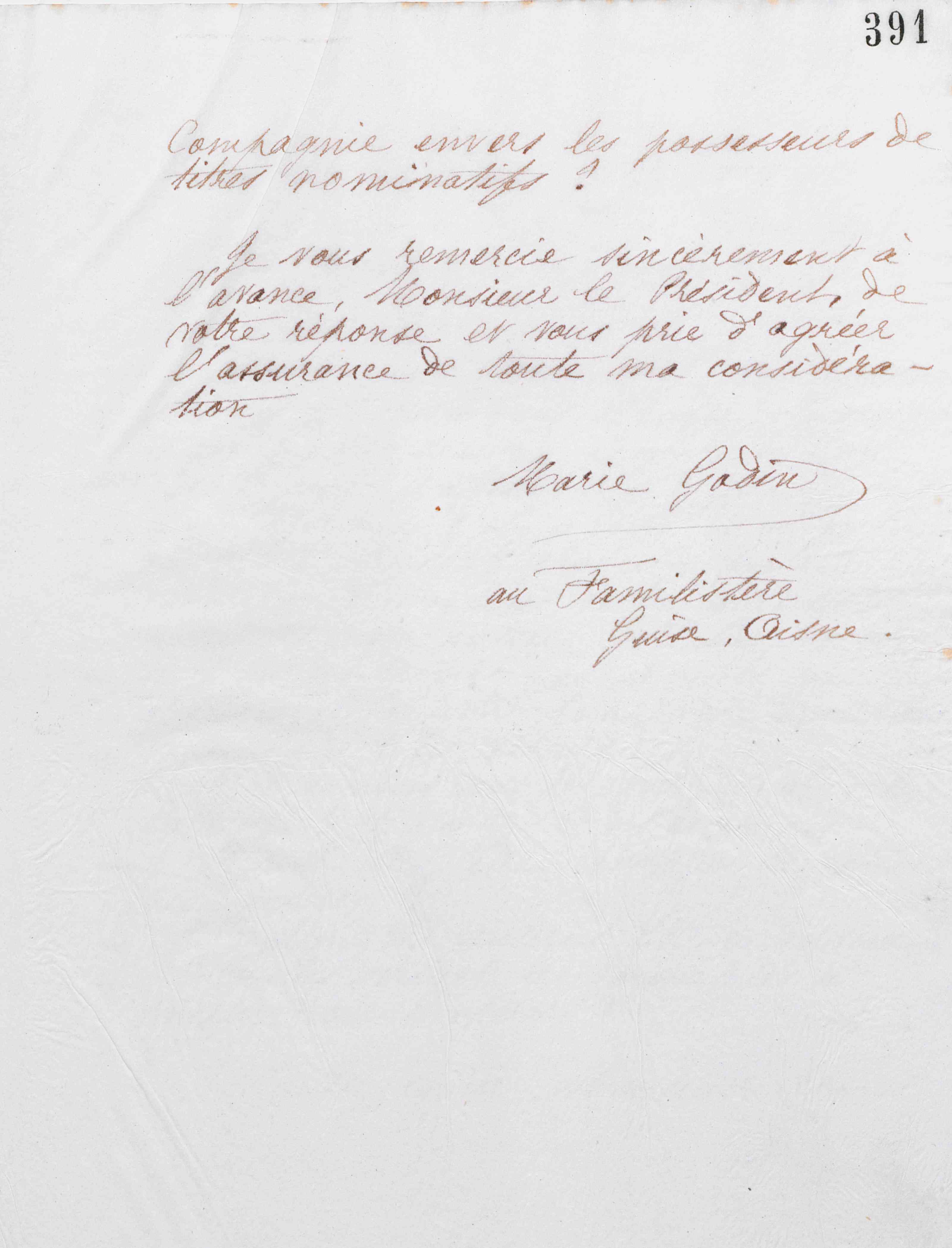 Marie Moret au directeur de la Compagnie universelle du canal maritime de Suez, 24 novembre 1886