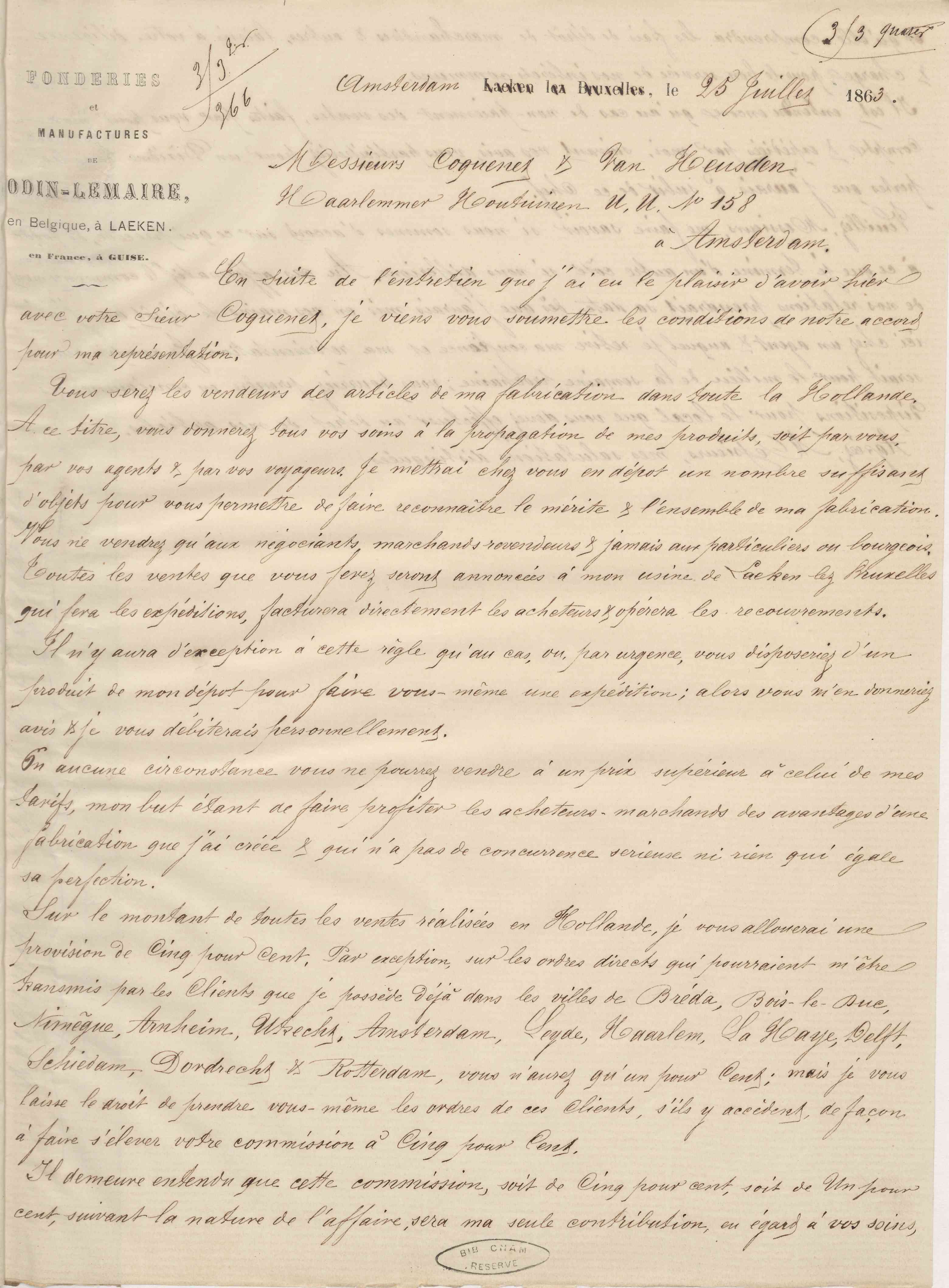 Jean-Baptiste André Godin à messieurs Coquenet et Van Heusden, 25 juillet 1863 Jean-Baptiste André Godin à messieurs Coquenet et Van Heusden, 25 juillet 1863