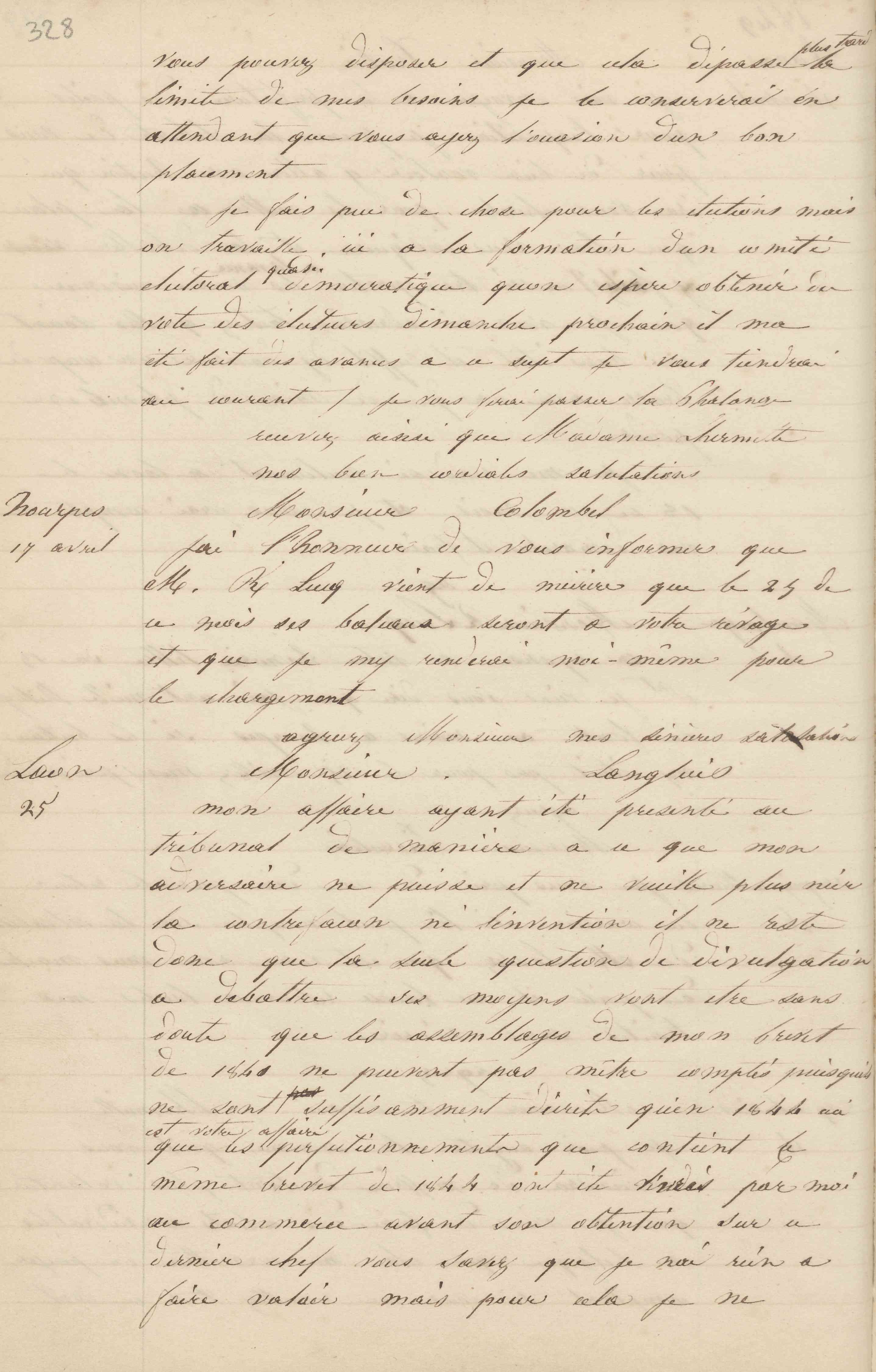 Jean-Baptiste André Godin à monsieur Colombel, 17 avril 1849 Jean-Baptiste André Godin à monsieur Colombel, 17 avril 1849