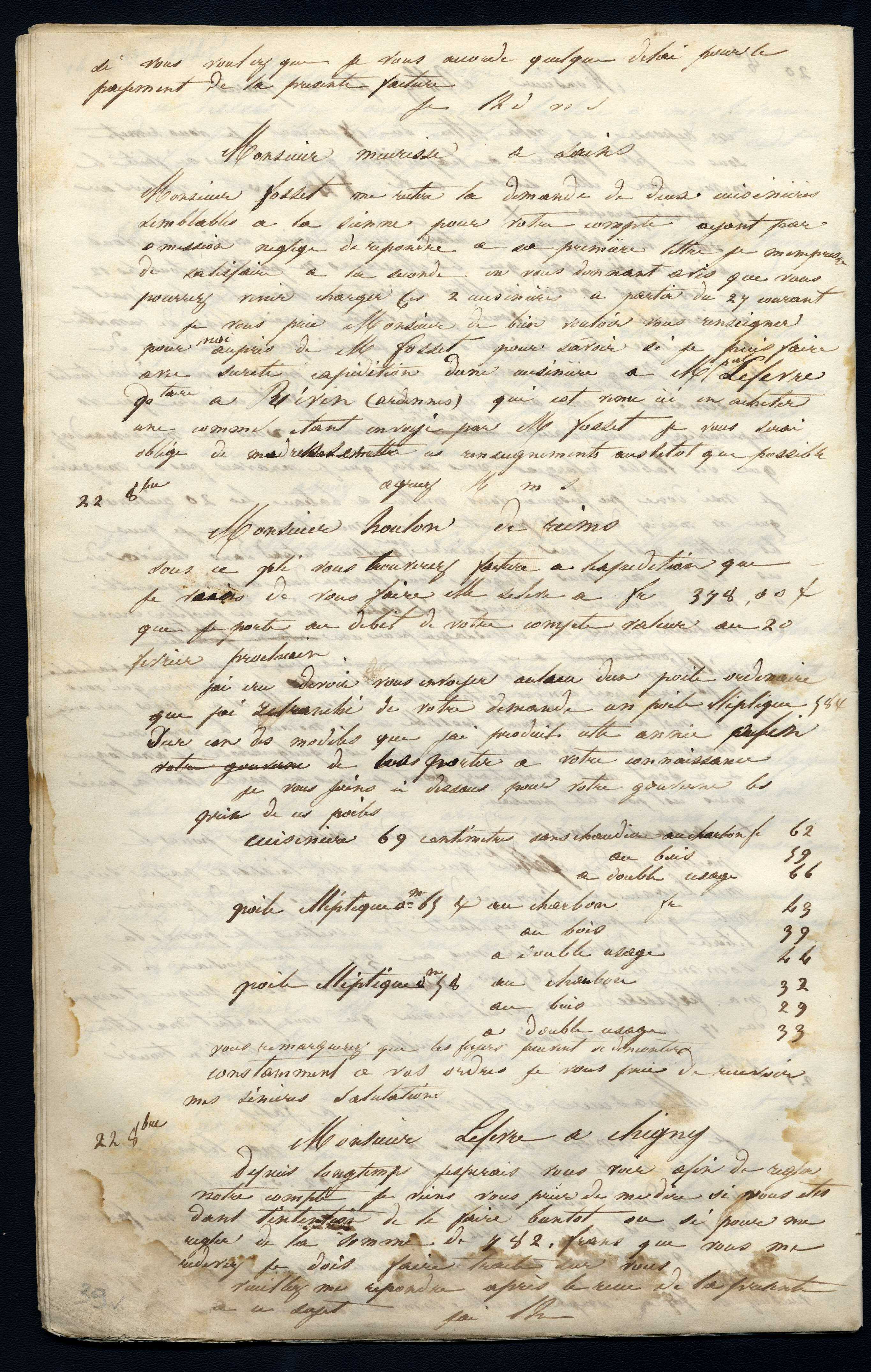 Jean-Baptiste André Godin à monsieur Lefèvre, 22 octobre [1845]