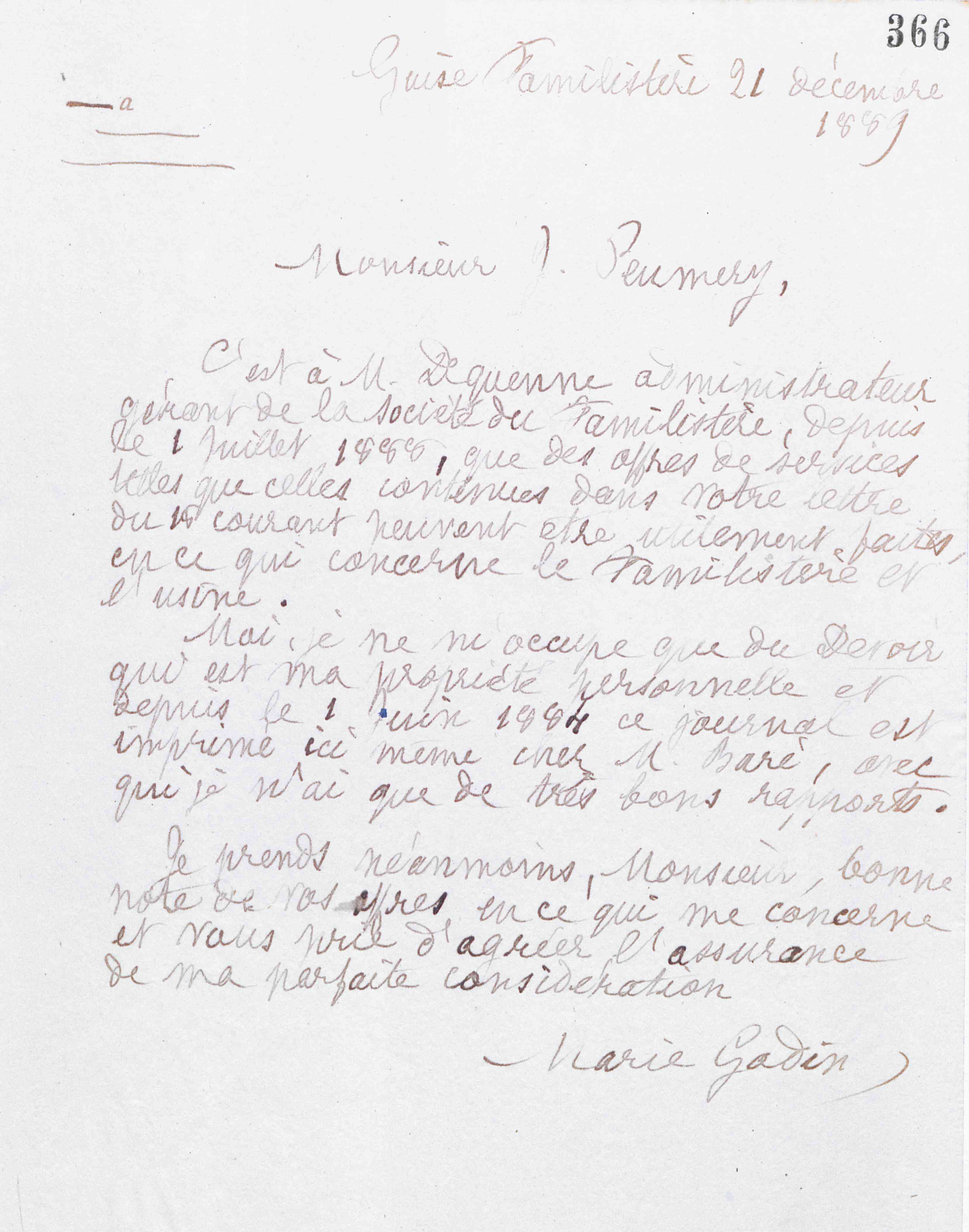 Marie Moret à Jules Peumery, 21 décembre 1889 Marie Moret à Jules Peumery, 21 décembre 1889