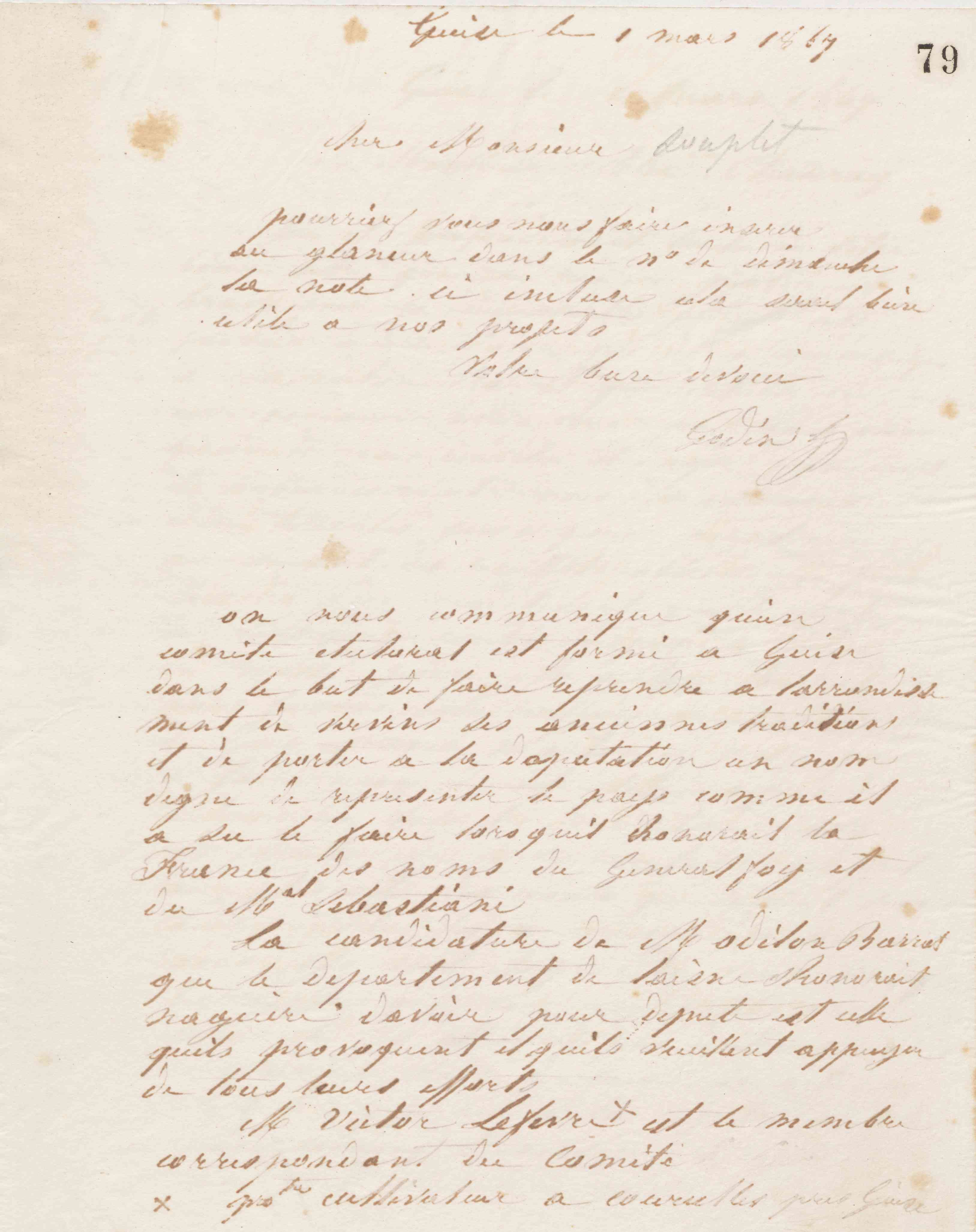 Jean-Baptiste André Godin à Calixte Souplet, 1er mars 1867