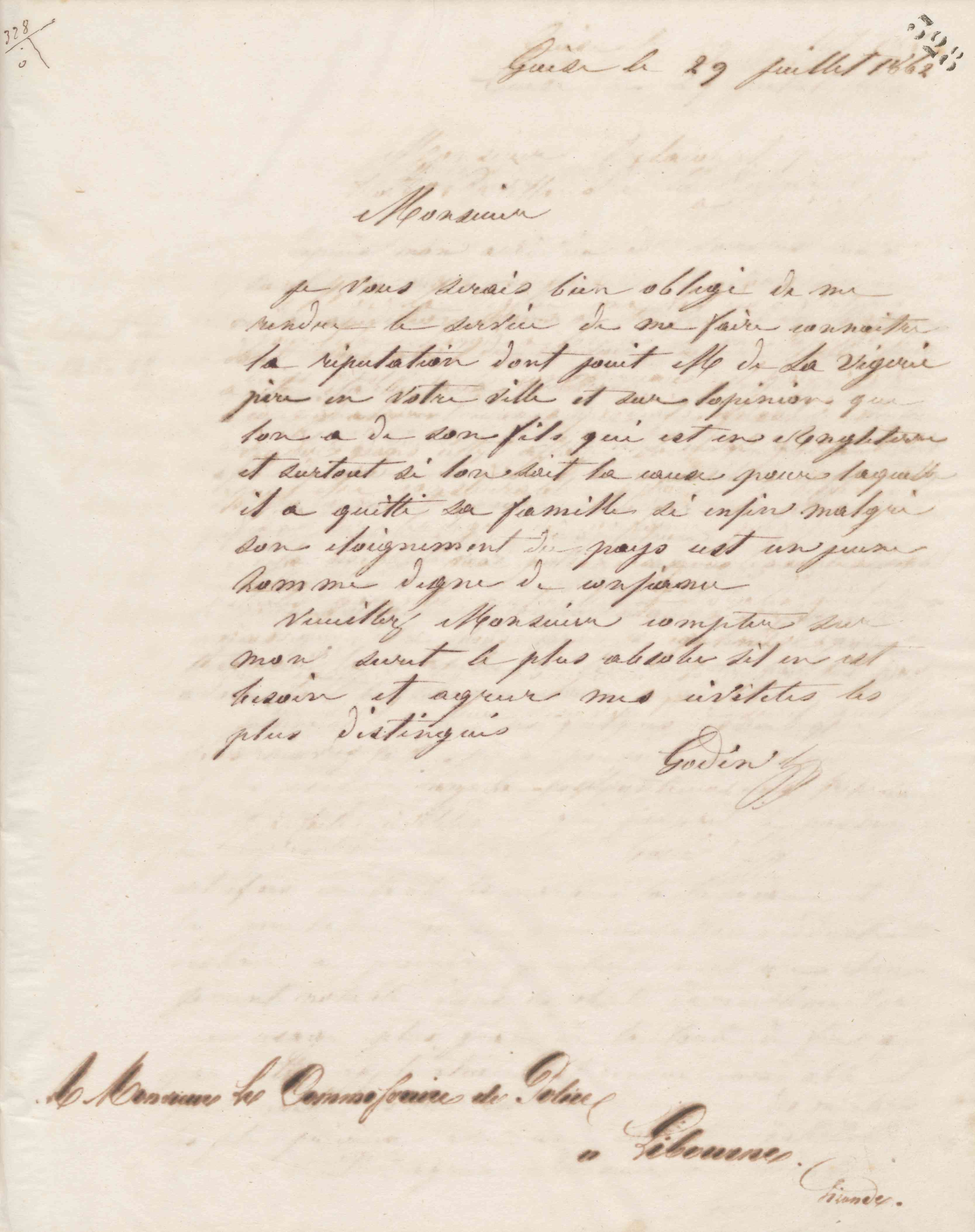 Jean-Baptiste André Godin au commissaire de police de Libourne, 29 juillet 1862
