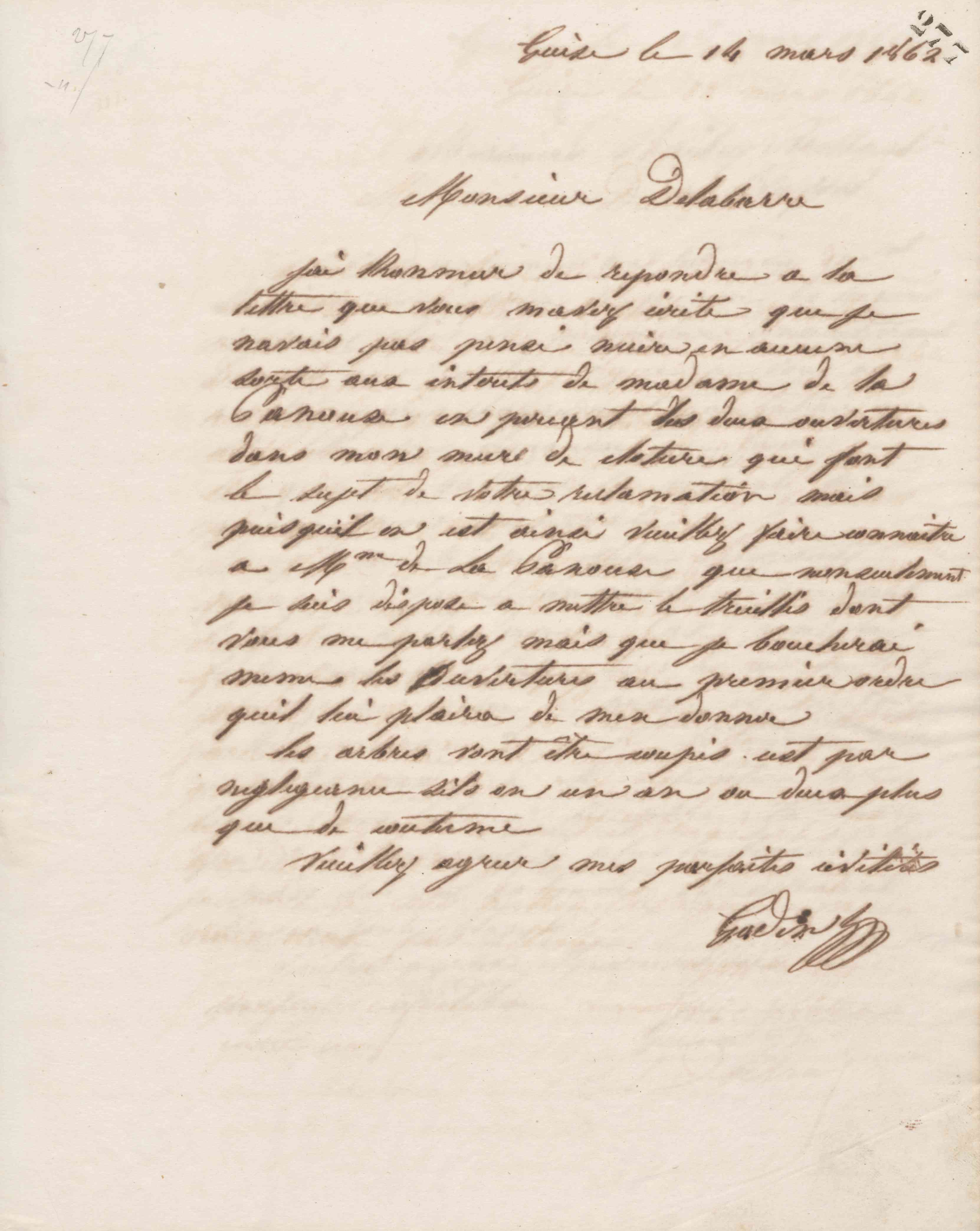 Jean-Baptiste André Godin à monsieur Delabarre, 14 mars 1862