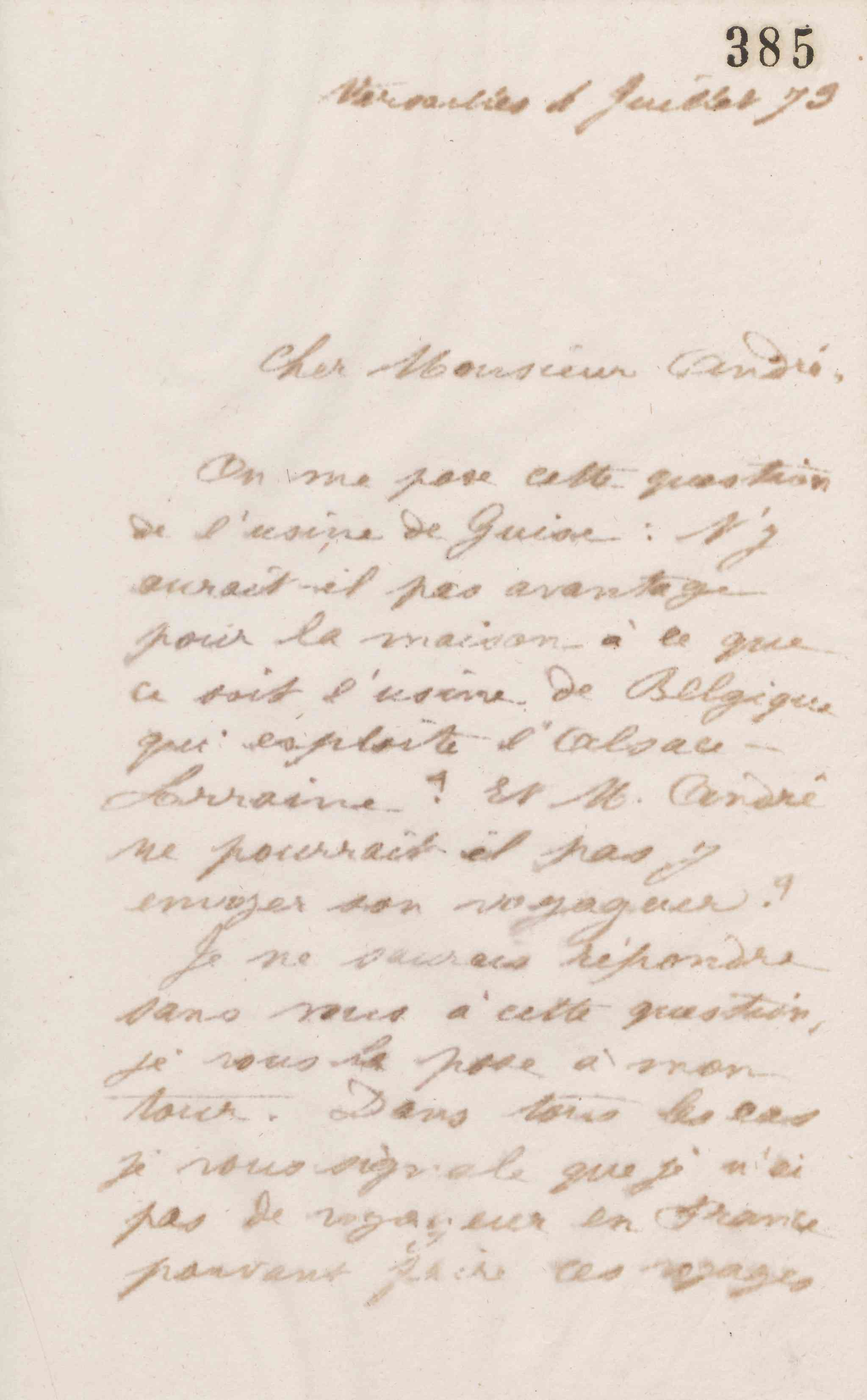 Jean-Baptiste André Godin à Eugène André, 4 juillet 1873 Jean-Baptiste André Godin à Eugène André, 4 juillet 1873