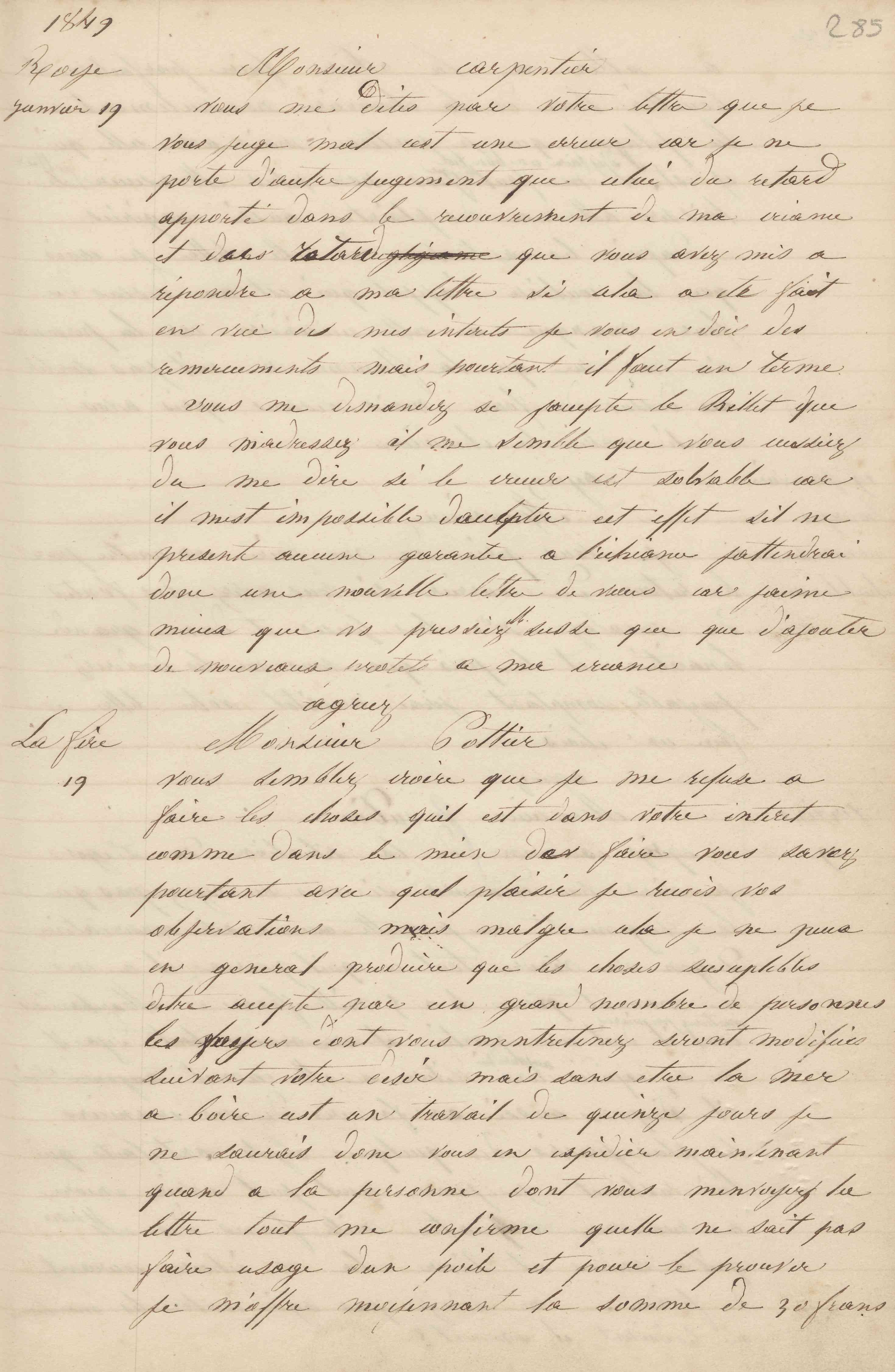 Jean-Baptiste André Godin à monsieur Pottier-André, 19 janvier 1849