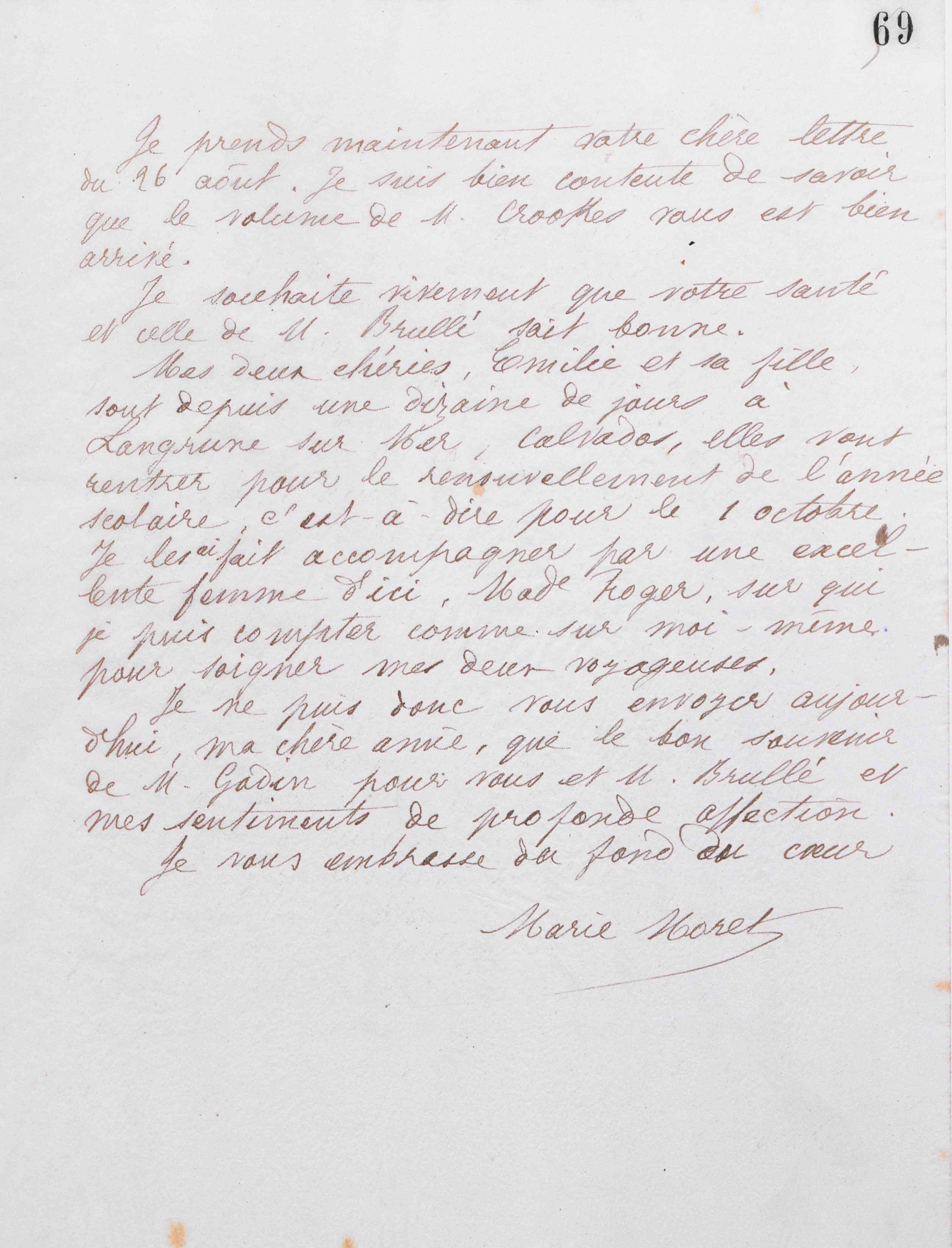Marie Moret à Adèle Brullé, 26 septembre 1885