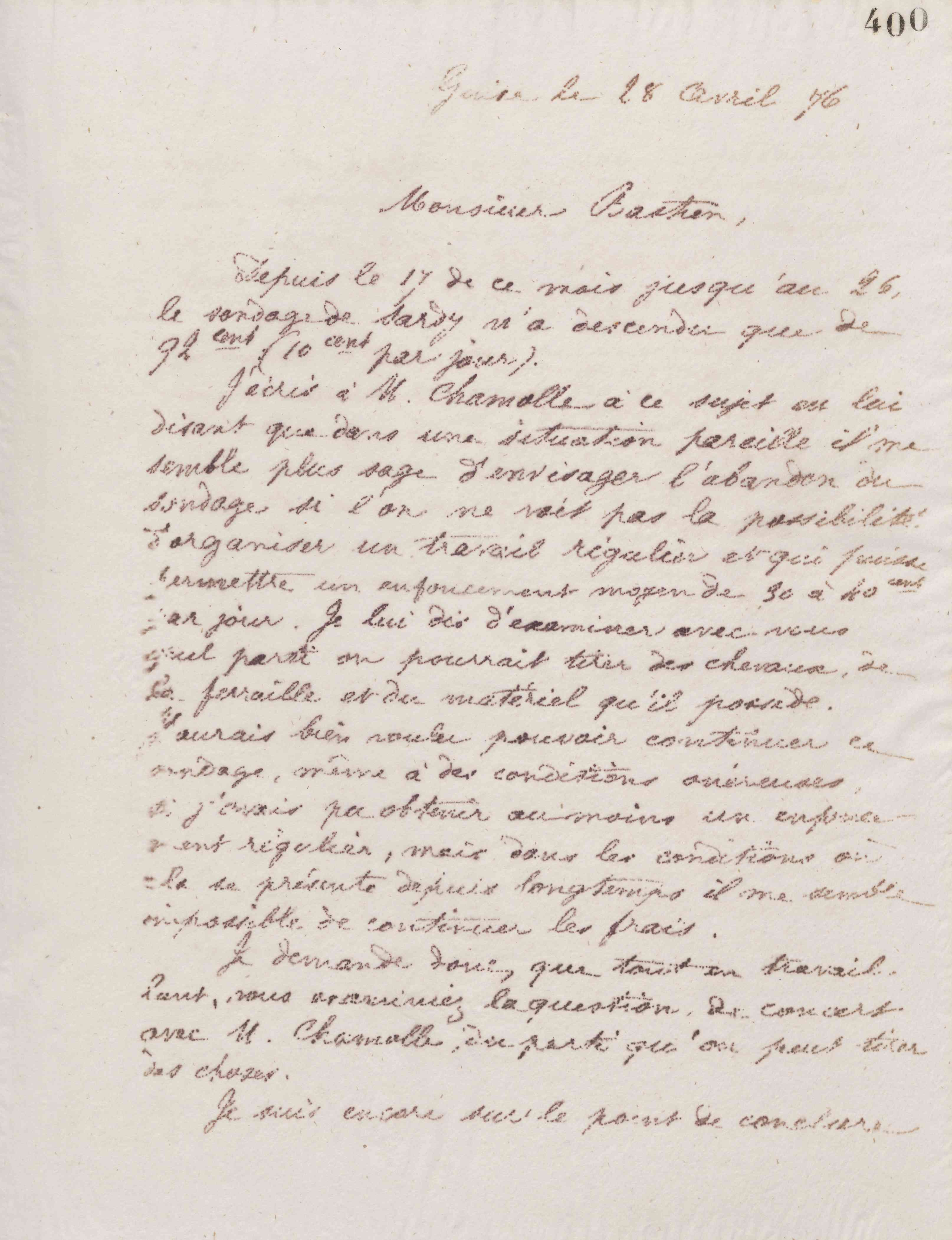 Jean-Baptiste André Godin à monsieur Bastien, 28 avril 1876