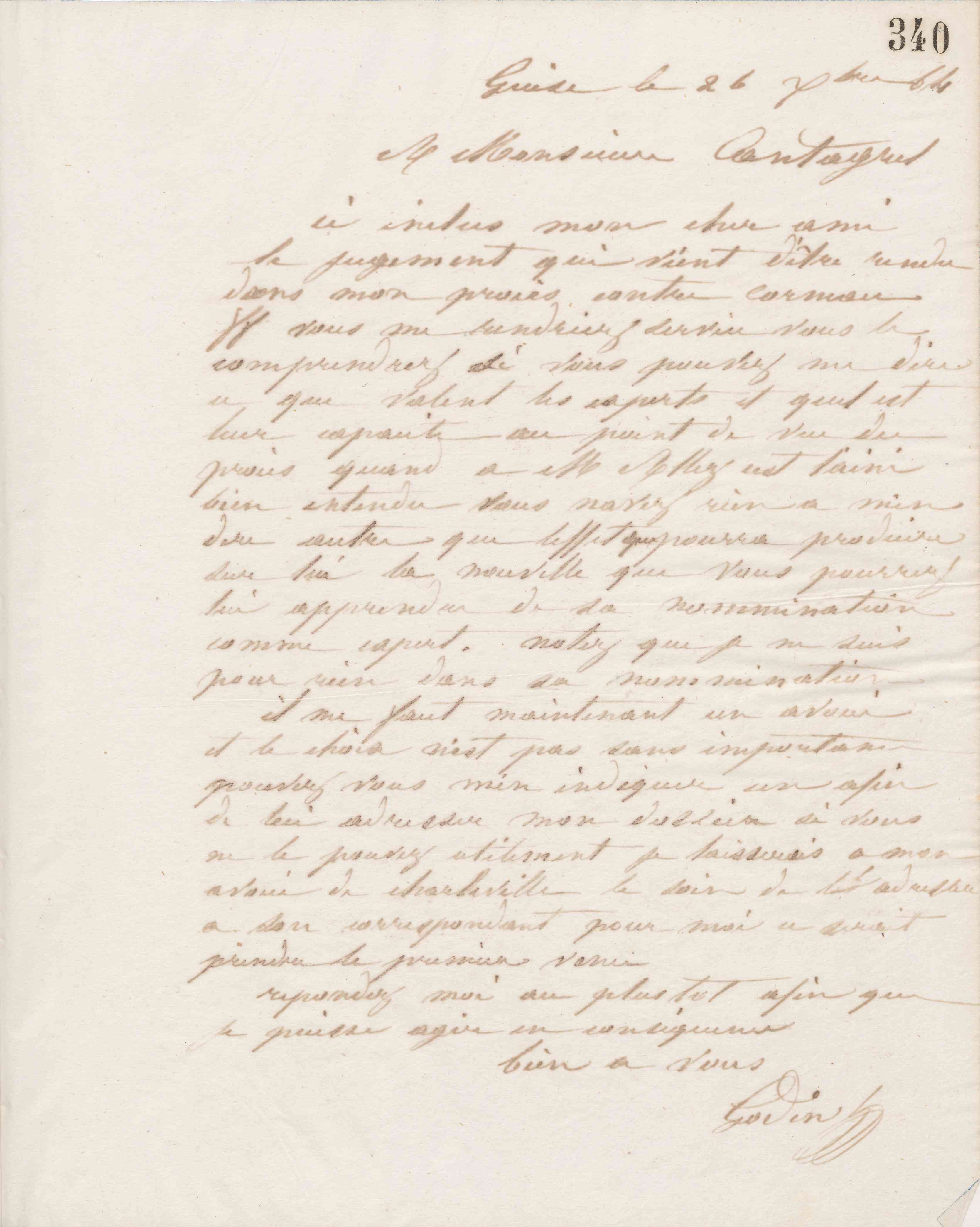 Jean-Baptiste André Godin à François Cantagrel, 26 décembre 1864