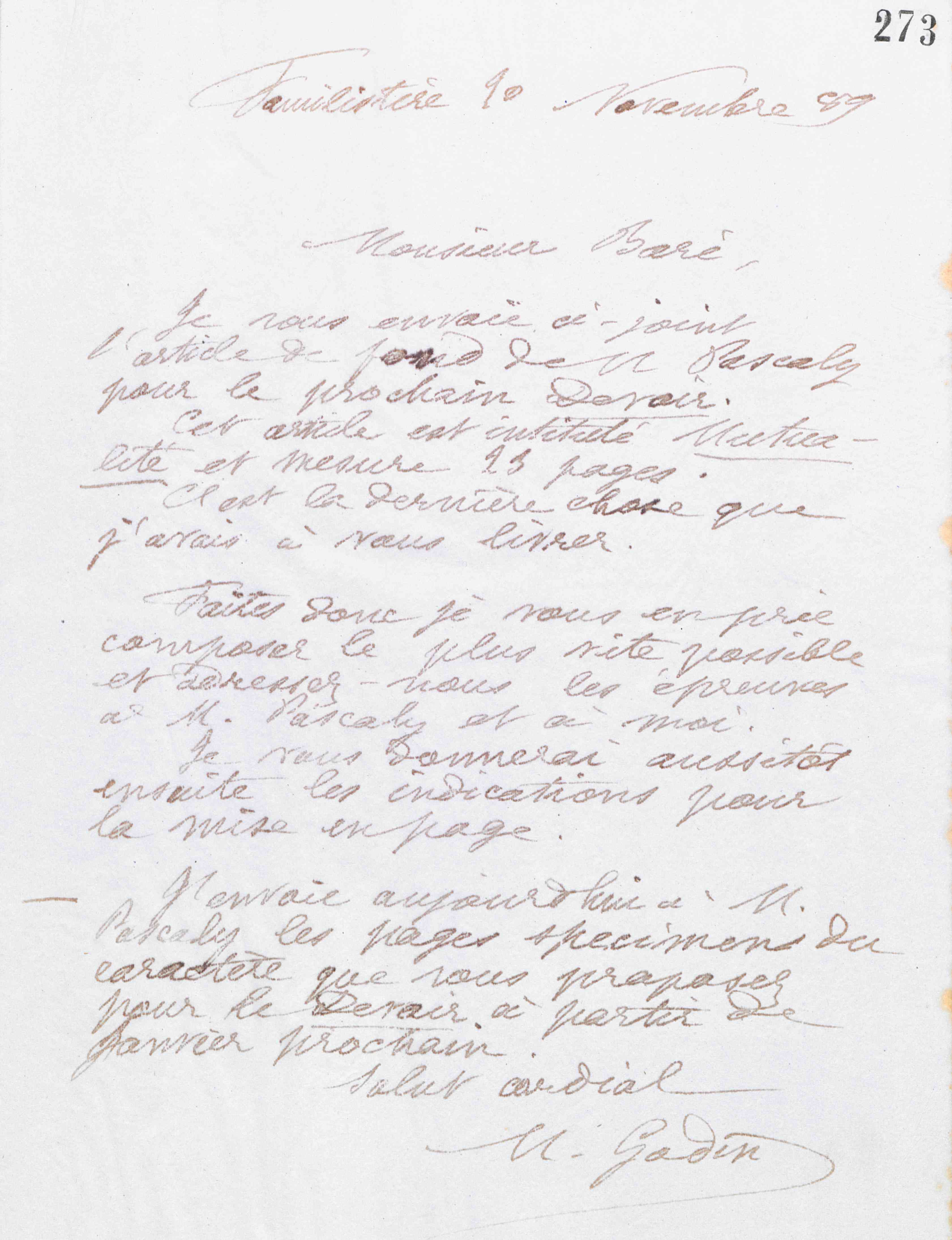 Marie Moret à Jules Édouard Baré, 20 novembre 1889 Marie Moret à Jules Édouard Baré, 20 novembre 1889