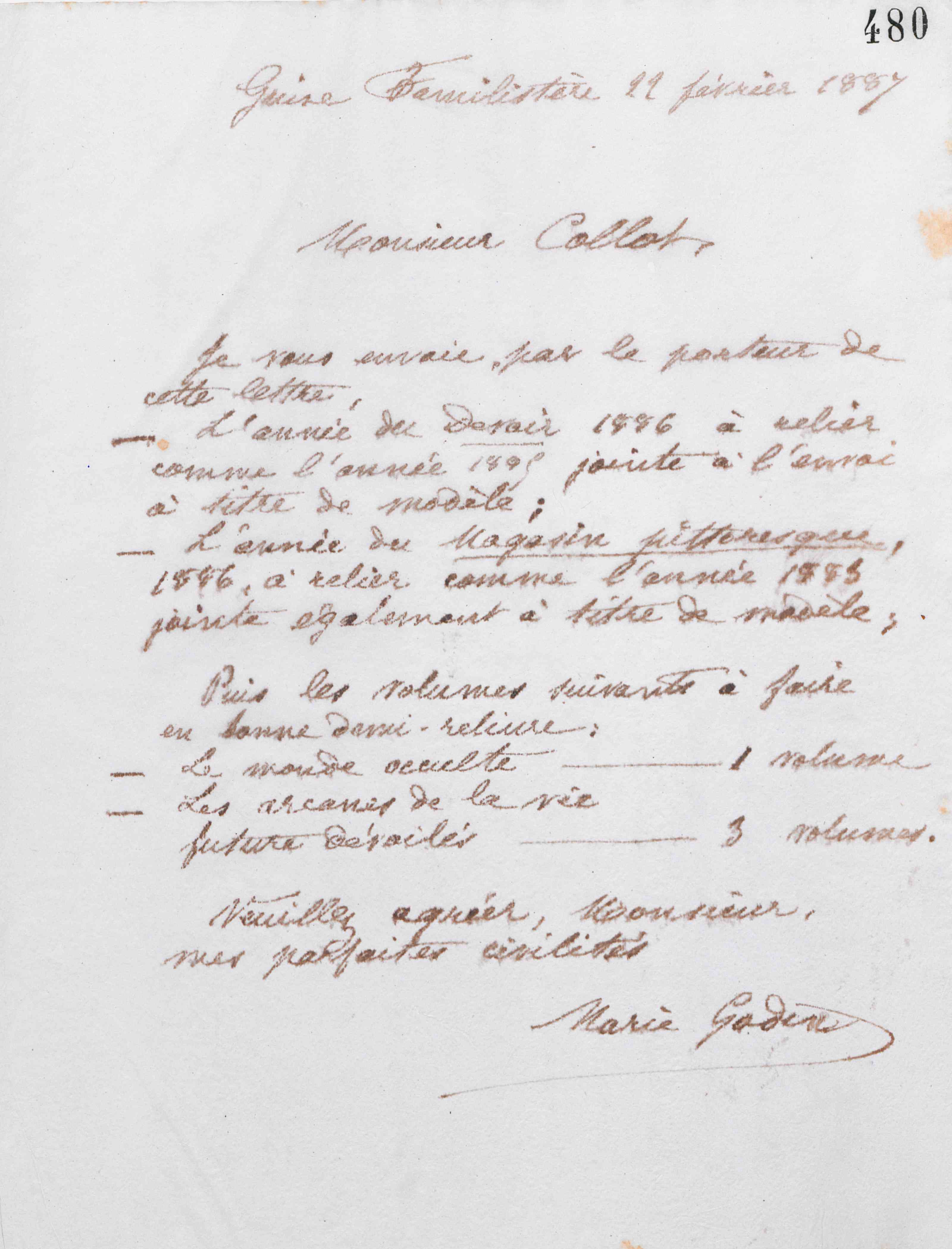 Marie Moret à monsieur Collot, 22 février 1887